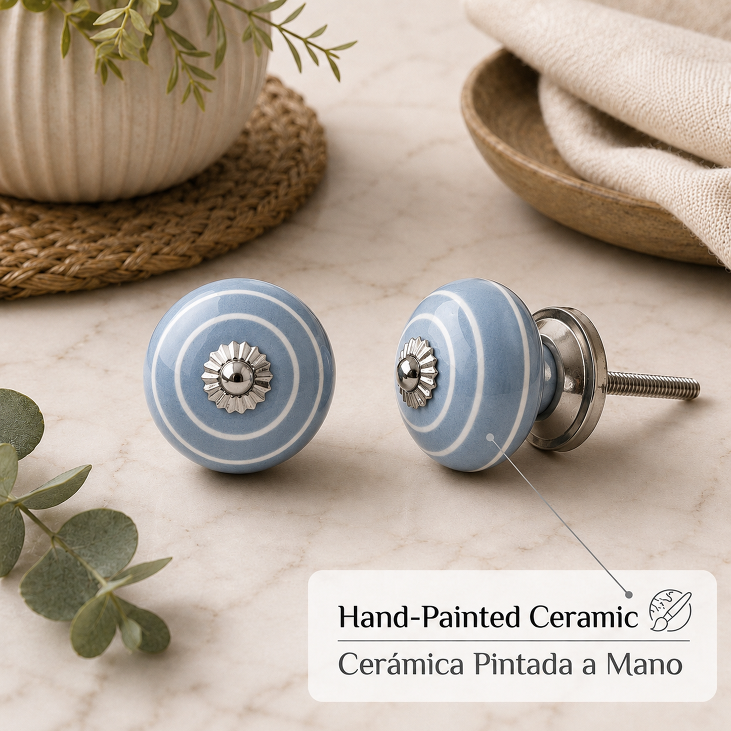 Set de 8 Pomos Tiradores de Cerámica Azul y Blanco para Muebles y Habitación Infantil