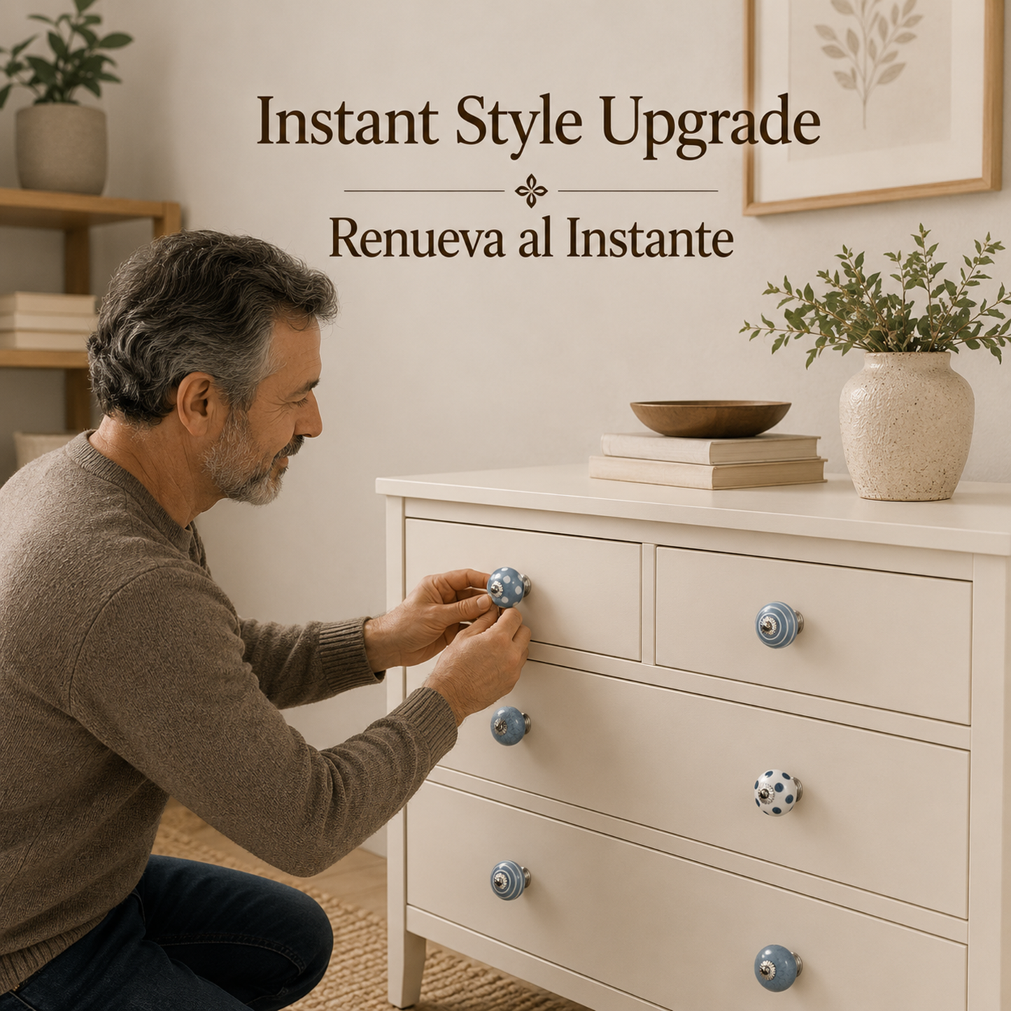 Set de 8 Pomos Tiradores de Cerámica Azul y Blanco para Muebles y Habitación Infantil