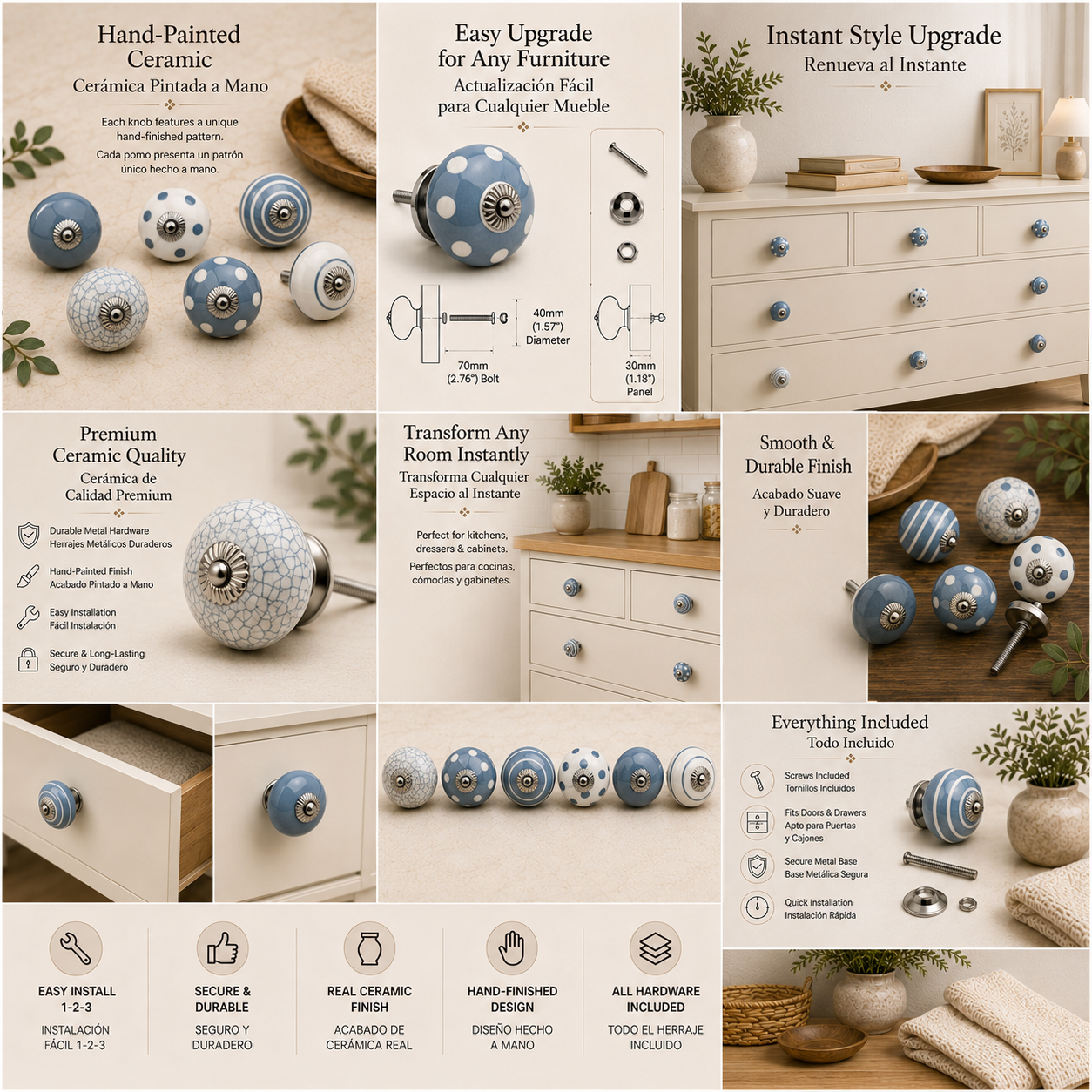 Set de 8 Pomos Tiradores de Cerámica Azul y Blanco para Muebles y Habitación Infantil