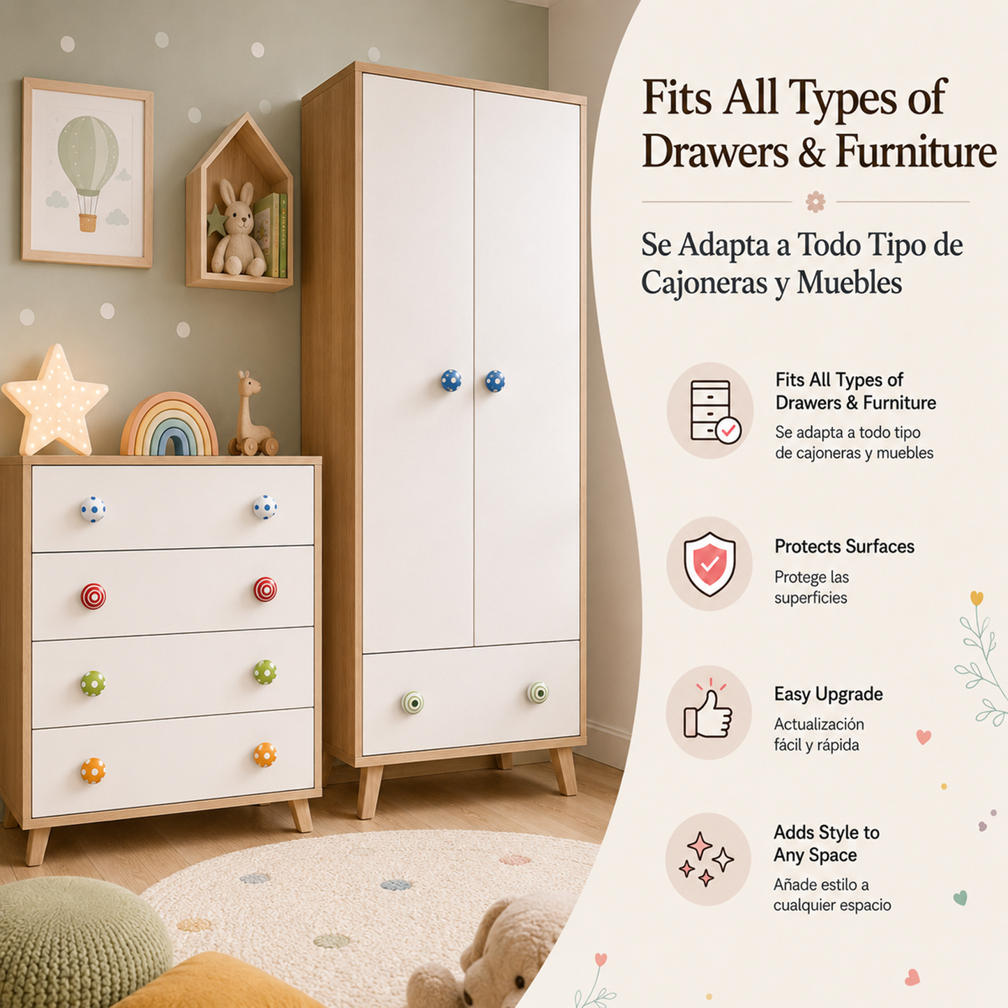 Set de 10 pomos tiradores de cerámica en colores para muebles y habitación infantil