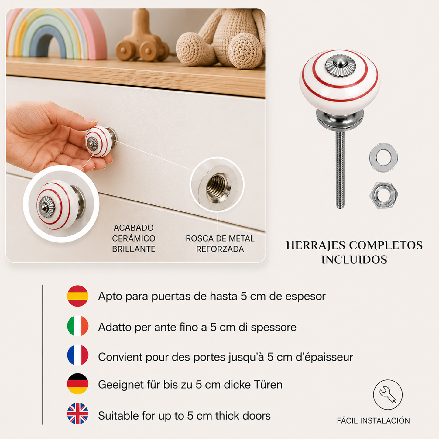Set de 10 pomos tiradores de cerámica en colores para muebles y habitación infantil