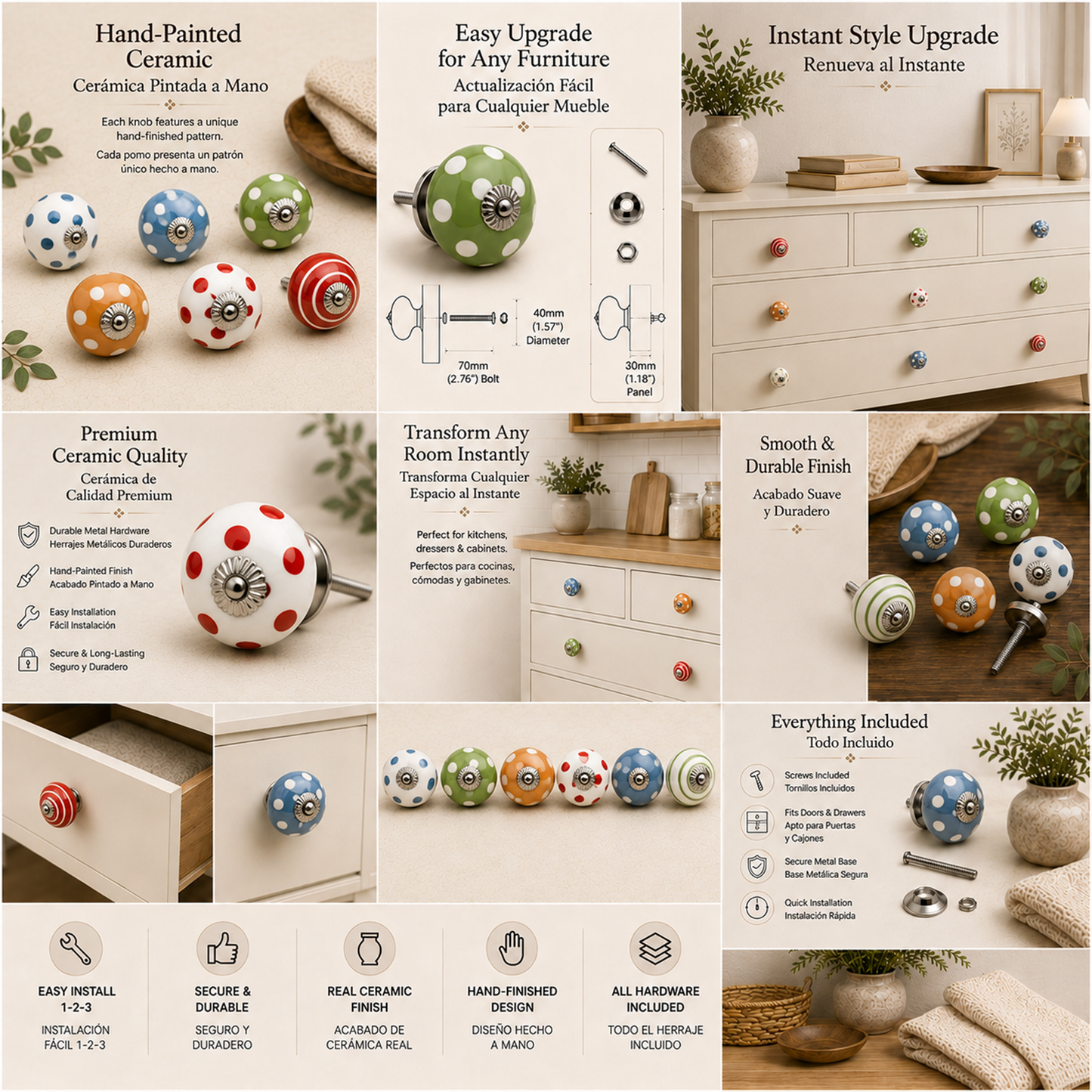 Set de 10 pomos tiradores de cerámica en colores para muebles y habitación infantil