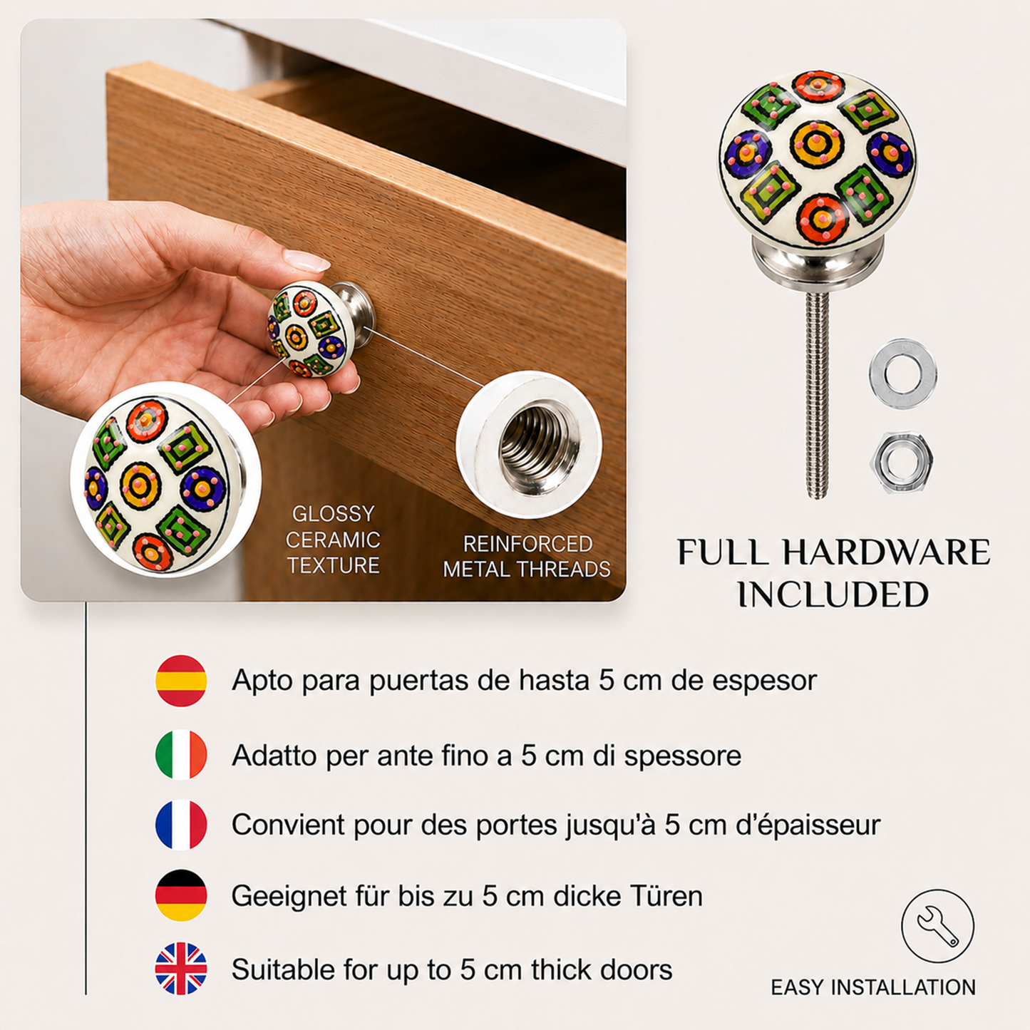 Juego de 10 pomos tiradores de cerámica con diseño de flores y puntos de colores para muebles y habitaciones