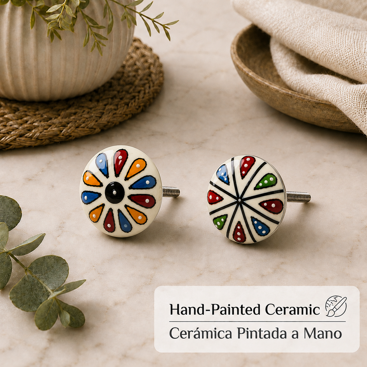 Juego de 10 pomos tiradores de cerámica con diseño de flores y puntos de colores para muebles y habitaciones