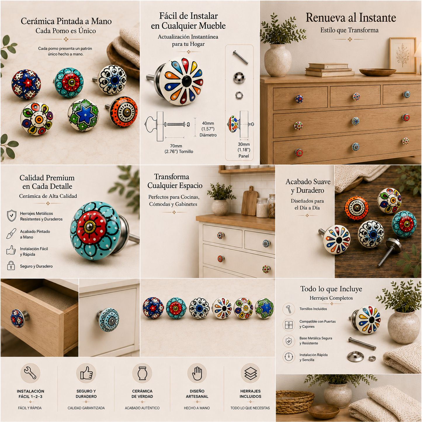 Juego de 10 pomos tiradores de cerámica con diseño de flores y puntos de colores para muebles y habitaciones