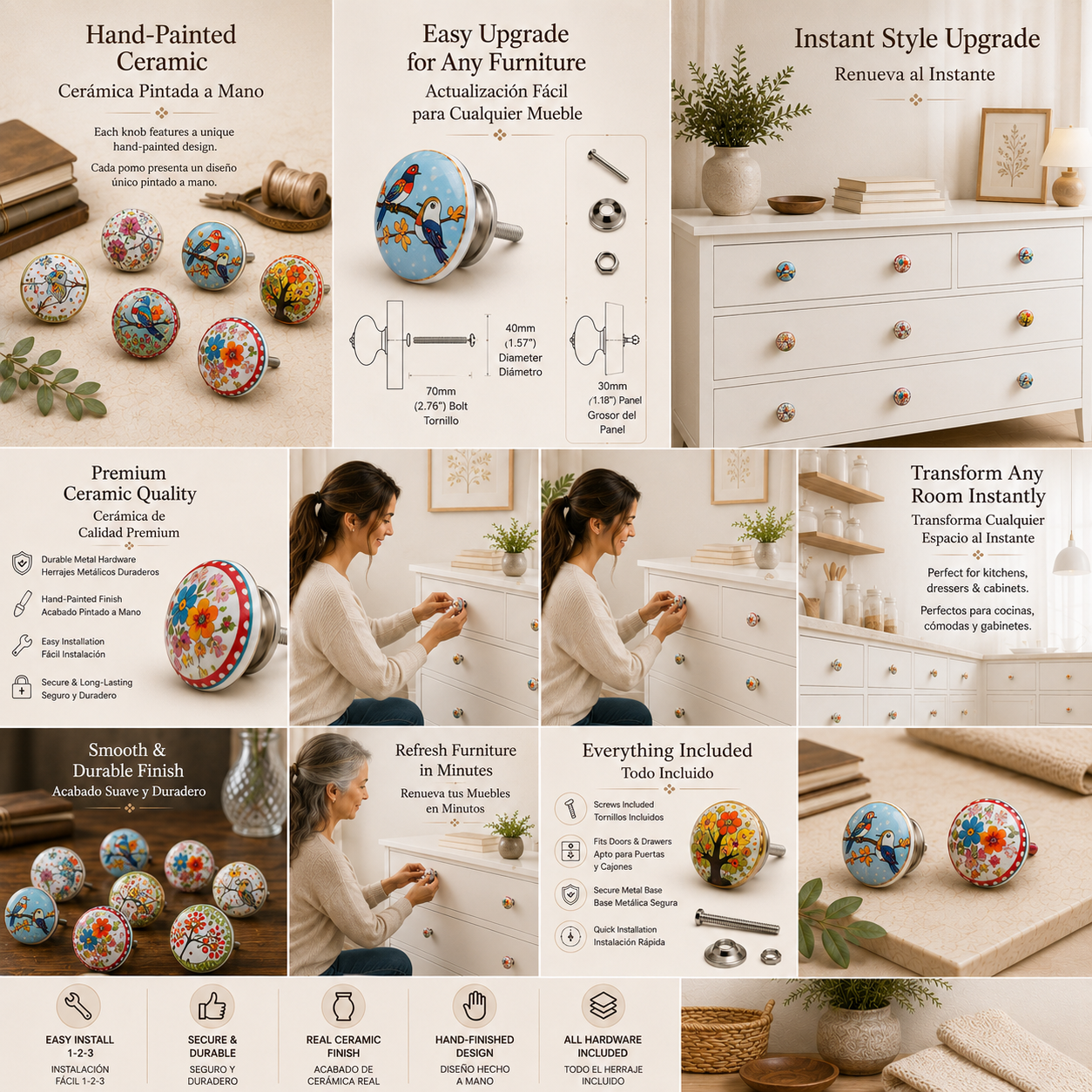 Set de 8 pomos tiradores de cerámica con diseño de pájaros y jardín