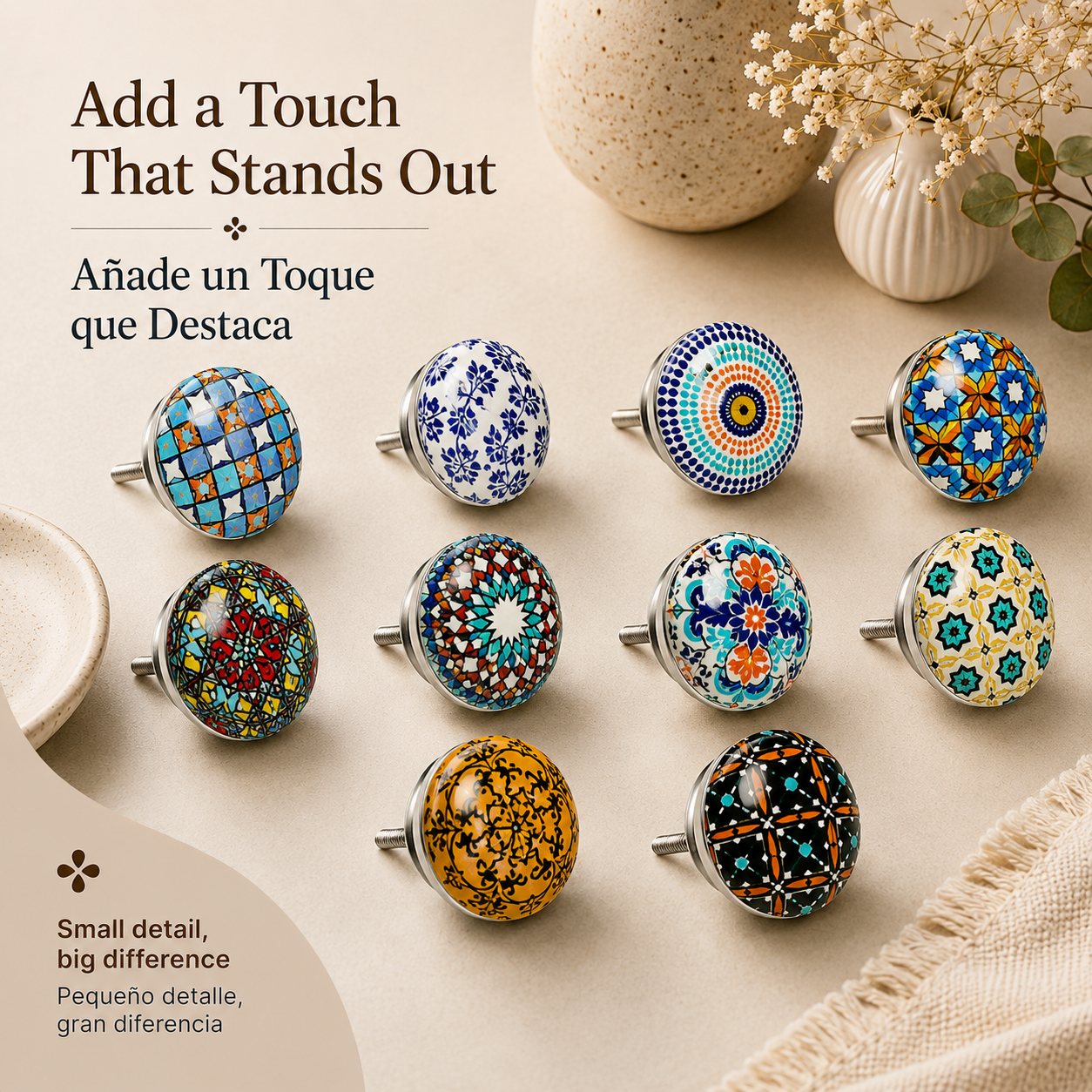 Knobs Set 10 Pomos de Cerámica con Flores Estilo Mandala