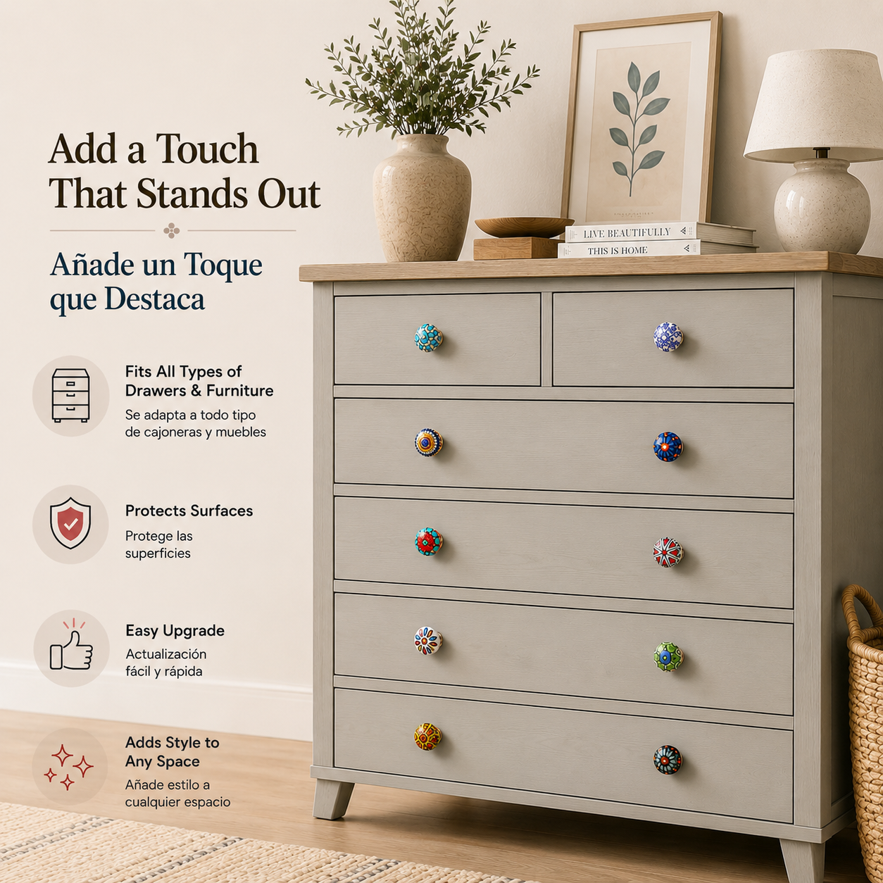 Knobs Set 10 Pomos de Cerámica con Flores Estilo Mandala