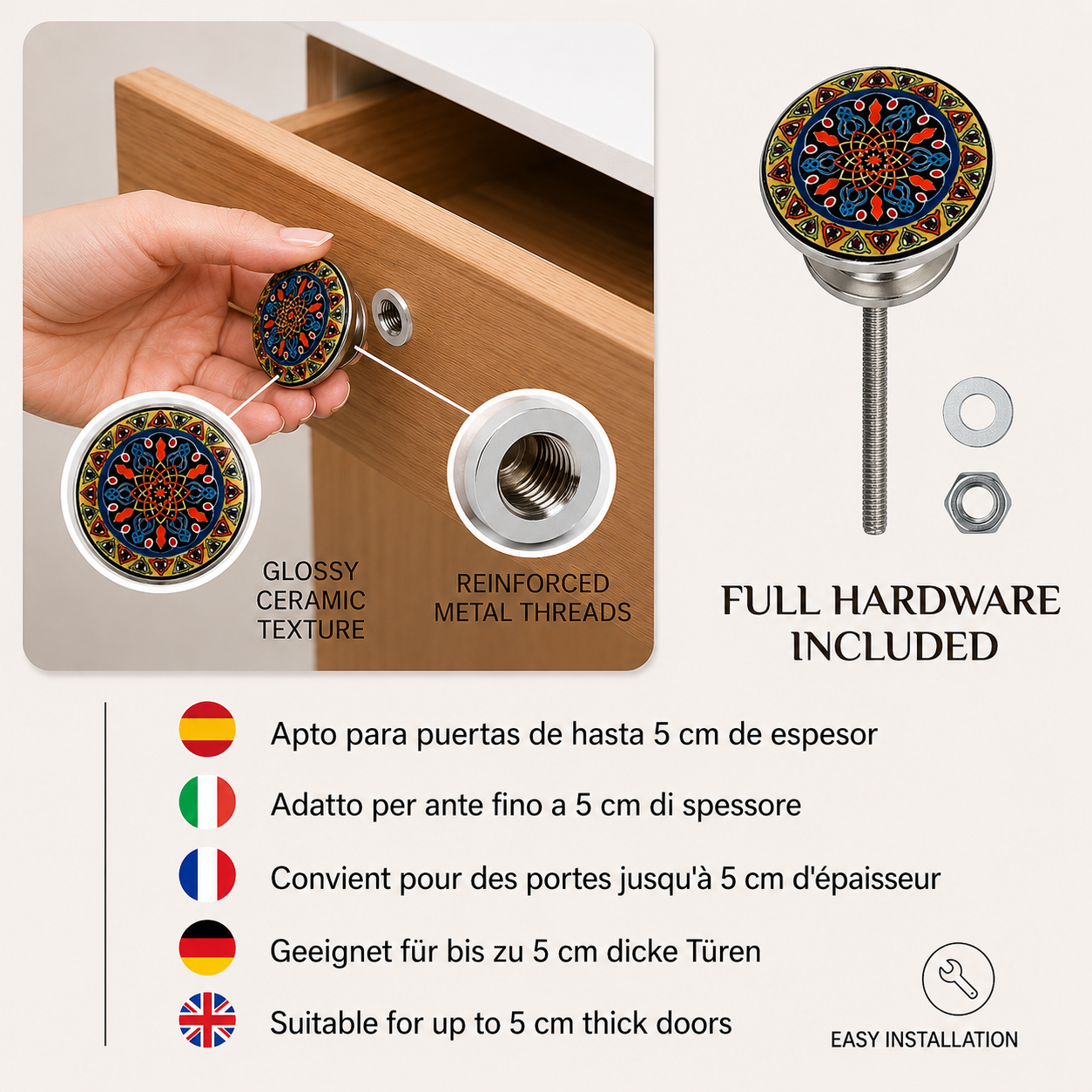 Knobs Set 10 Pomos de Cerámica con Flores Estilo Mandala