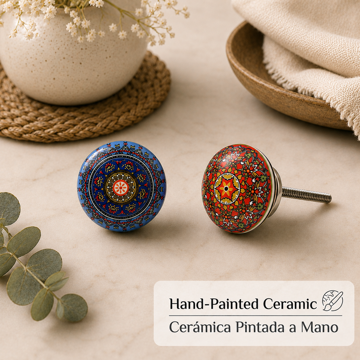 Knobs Set 10 Pomos de Cerámica con Flores Estilo Mandala