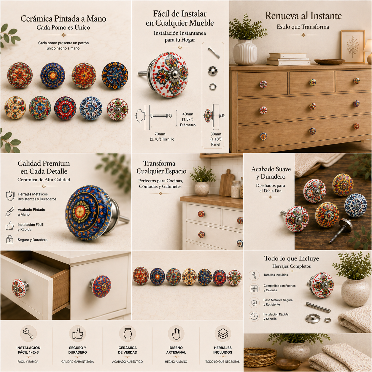 Knobs Set 10 Pomos de Cerámica con Flores Estilo Mandala