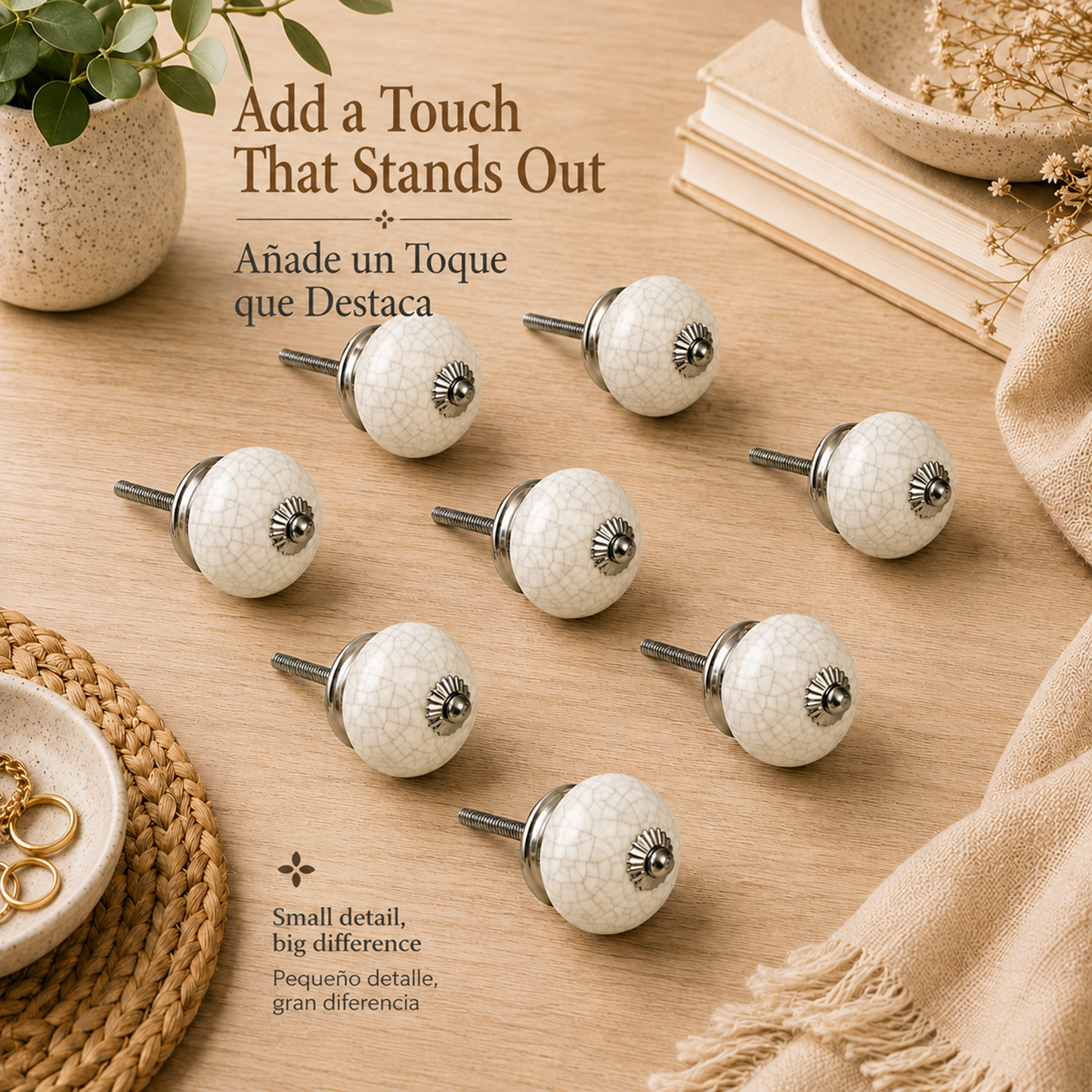 Set de 8 pomos de cerámica craquelado blanco para muebles