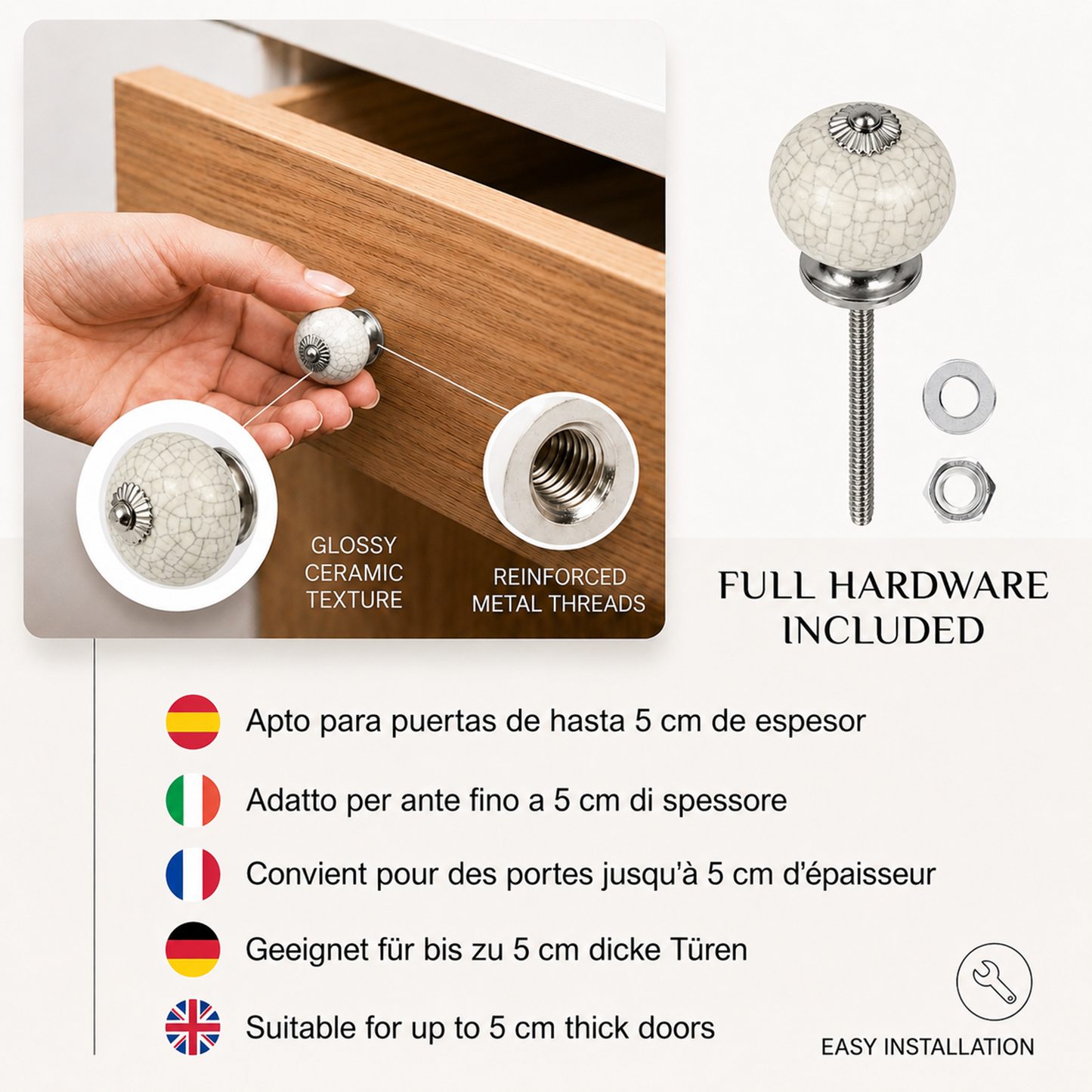 Set de 8 pomos de cerámica craquelado blanco para muebles