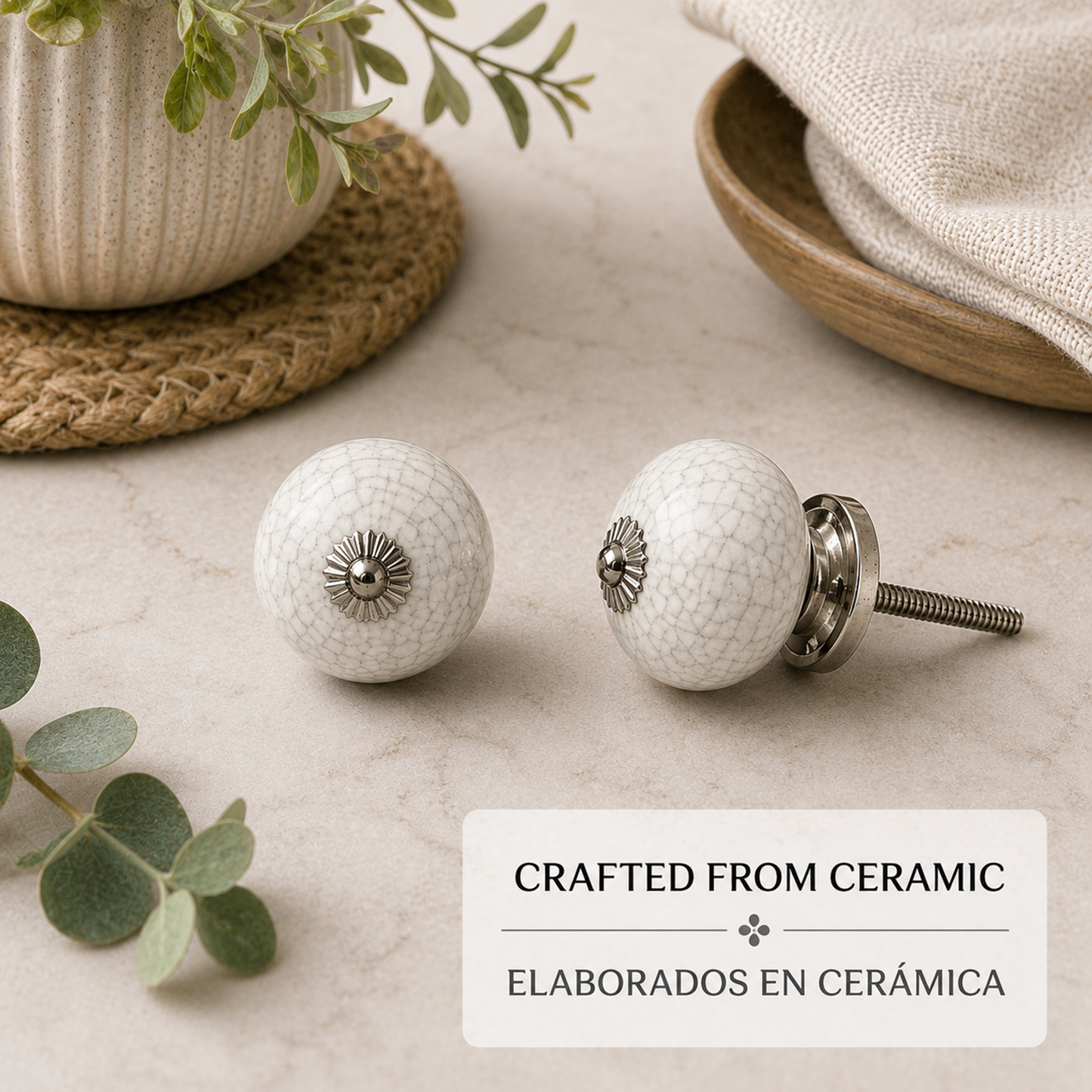 Set de 8 pomos de cerámica craquelado blanco para muebles