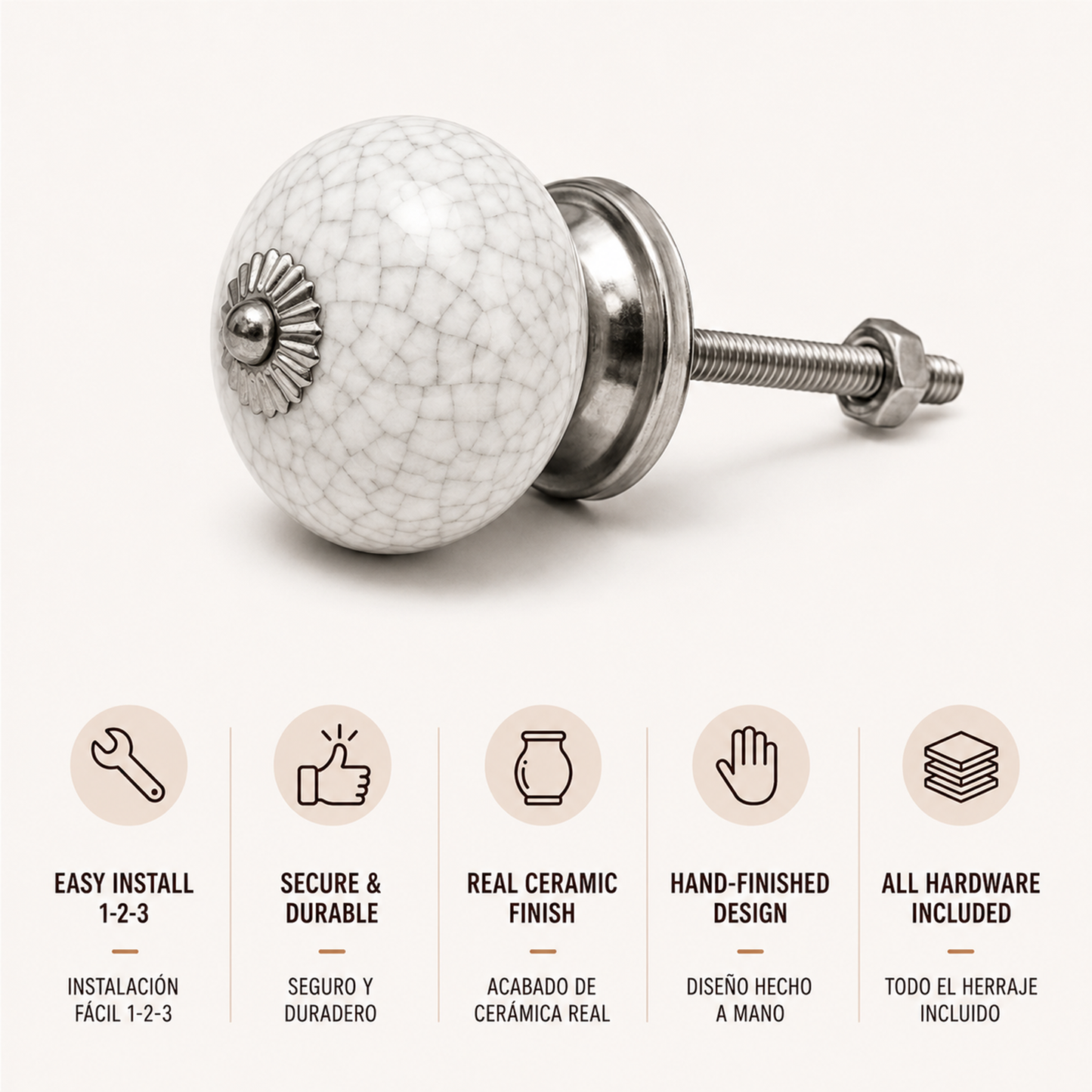 Set de 8 pomos de cerámica craquelado blanco para muebles