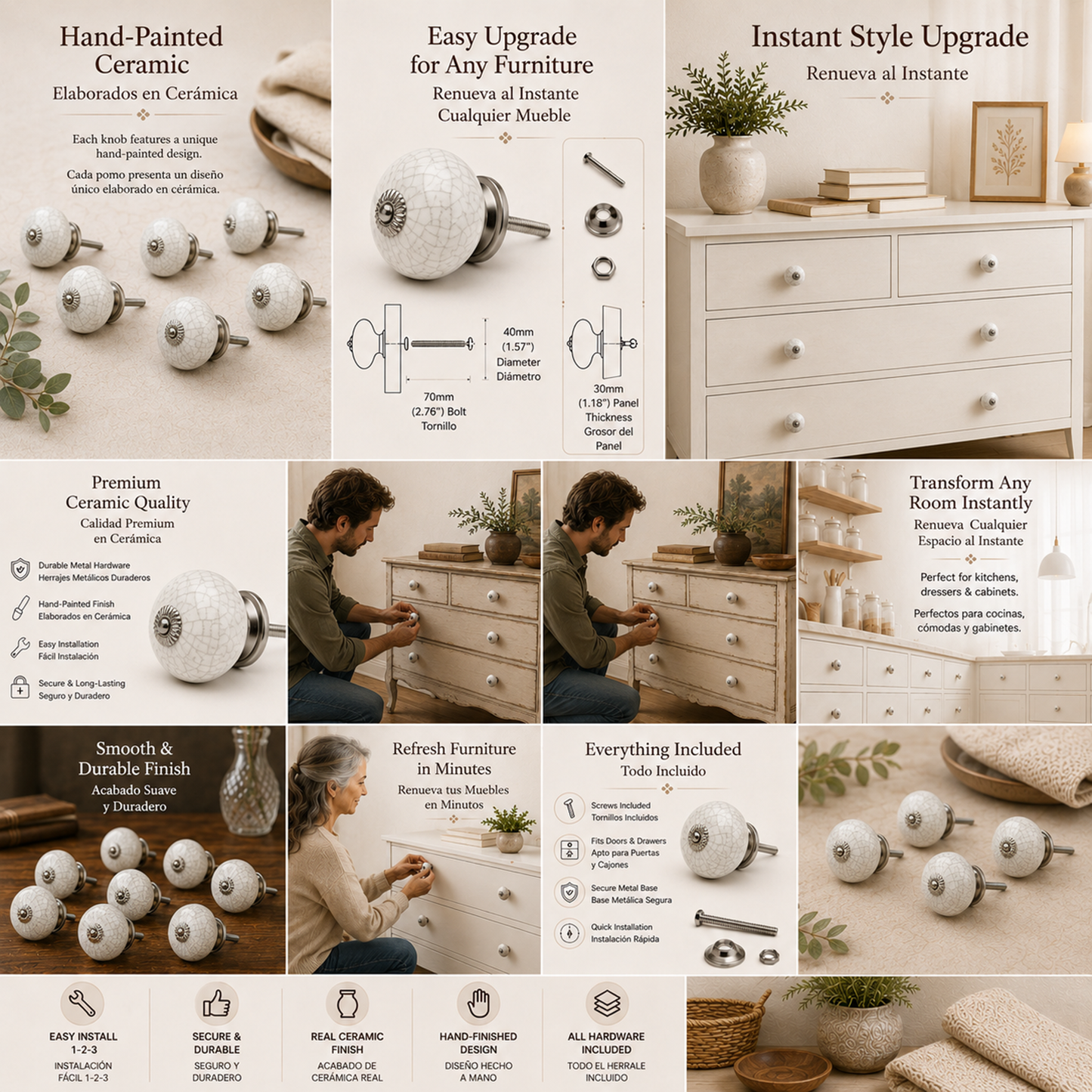 Set de 8 pomos de cerámica craquelado blanco para muebles