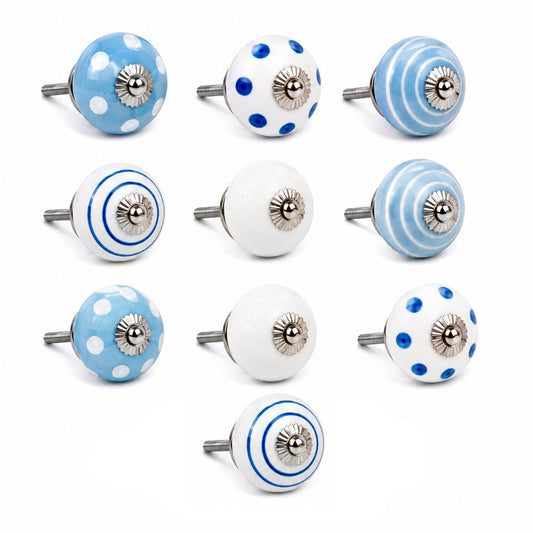 Juego de 10 pomos de cerámica azul y blanco