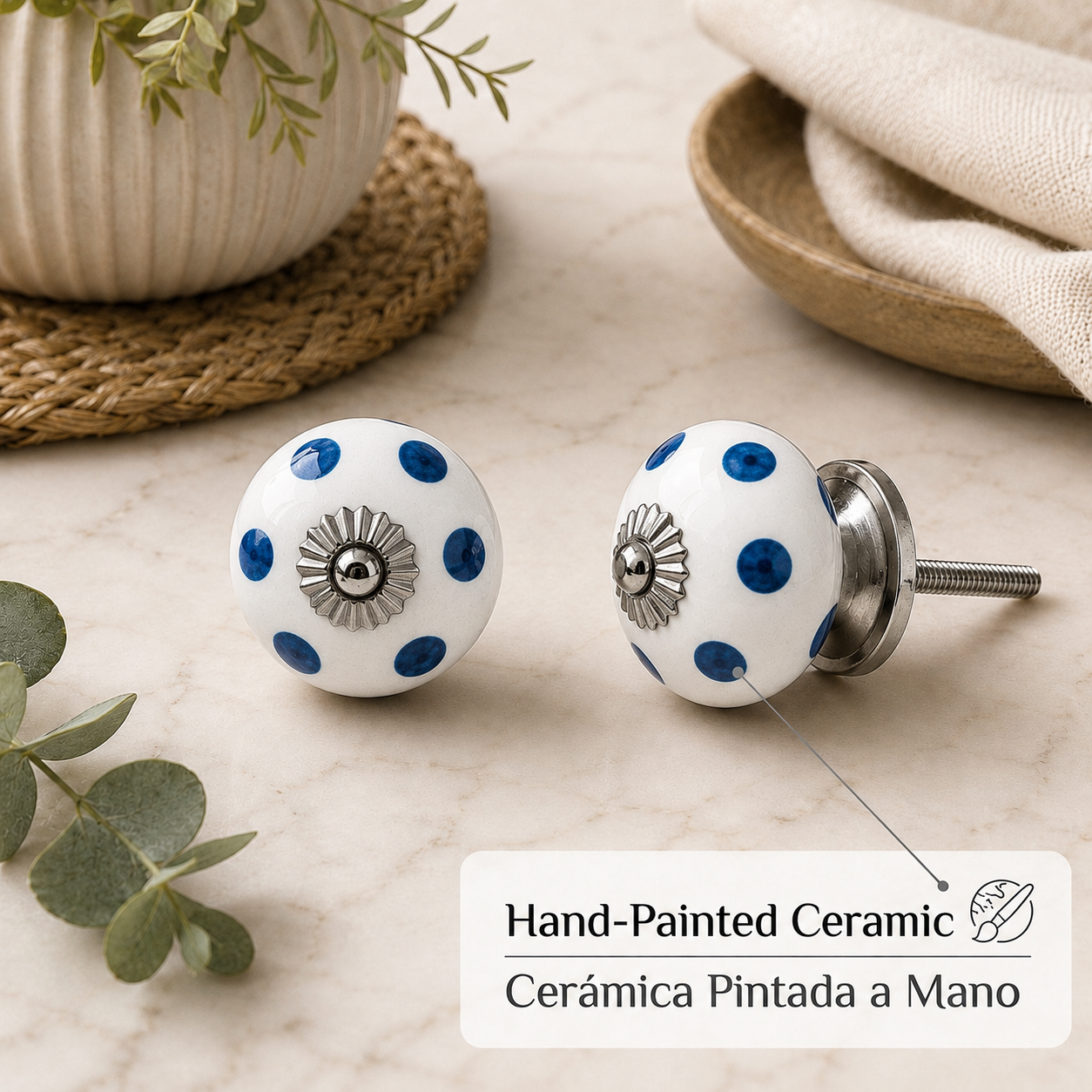 Juego de 10 pomos de cerámica azul y blanco