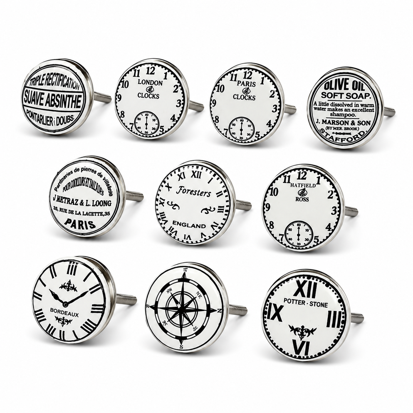 Juego de 10 pomos de cerámica con diseño de relojes en blanco y negro