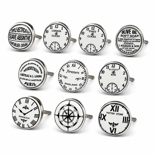 Juego de 10 pomos de cerámica con diseño de relojes en blanco y negro