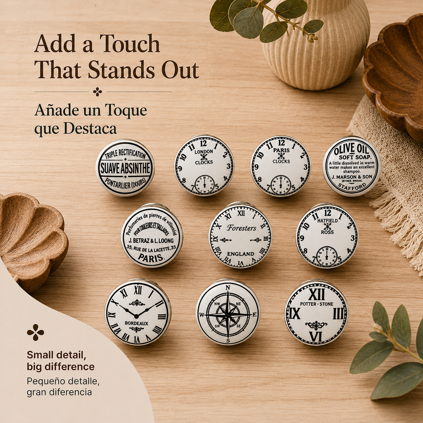 Juego de 10 pomos de cerámica con diseño de relojes en blanco y negro