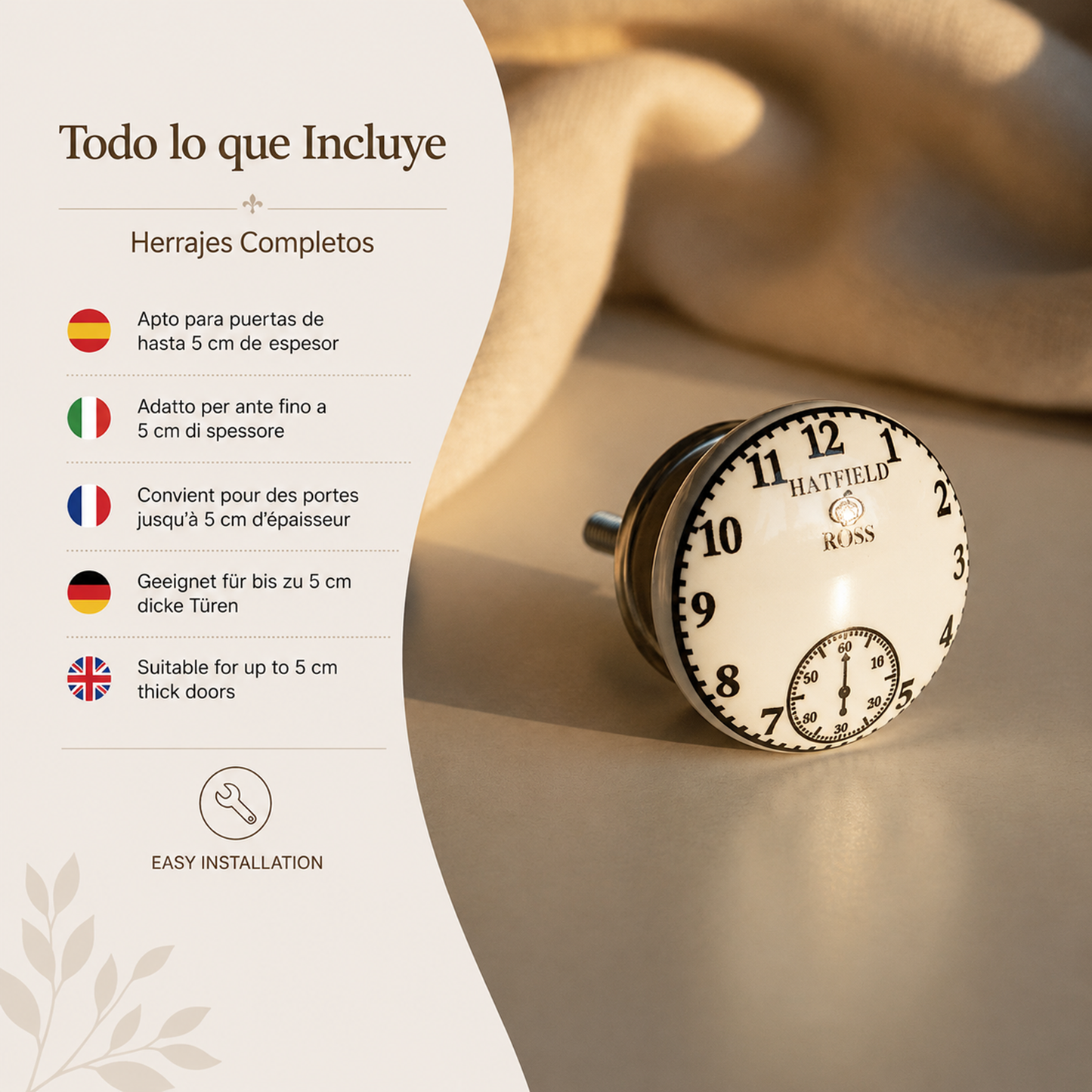 Juego de 10 pomos de cerámica con diseño de relojes en blanco y negro