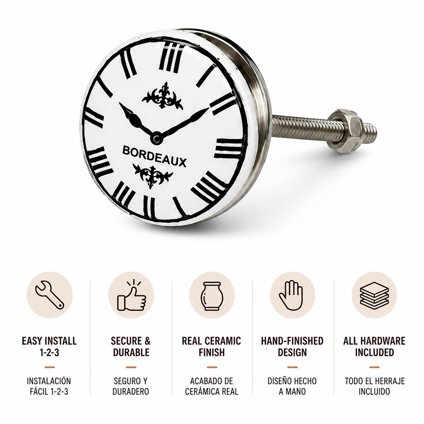 Juego de 10 pomos de cerámica con diseño de relojes en blanco y negro