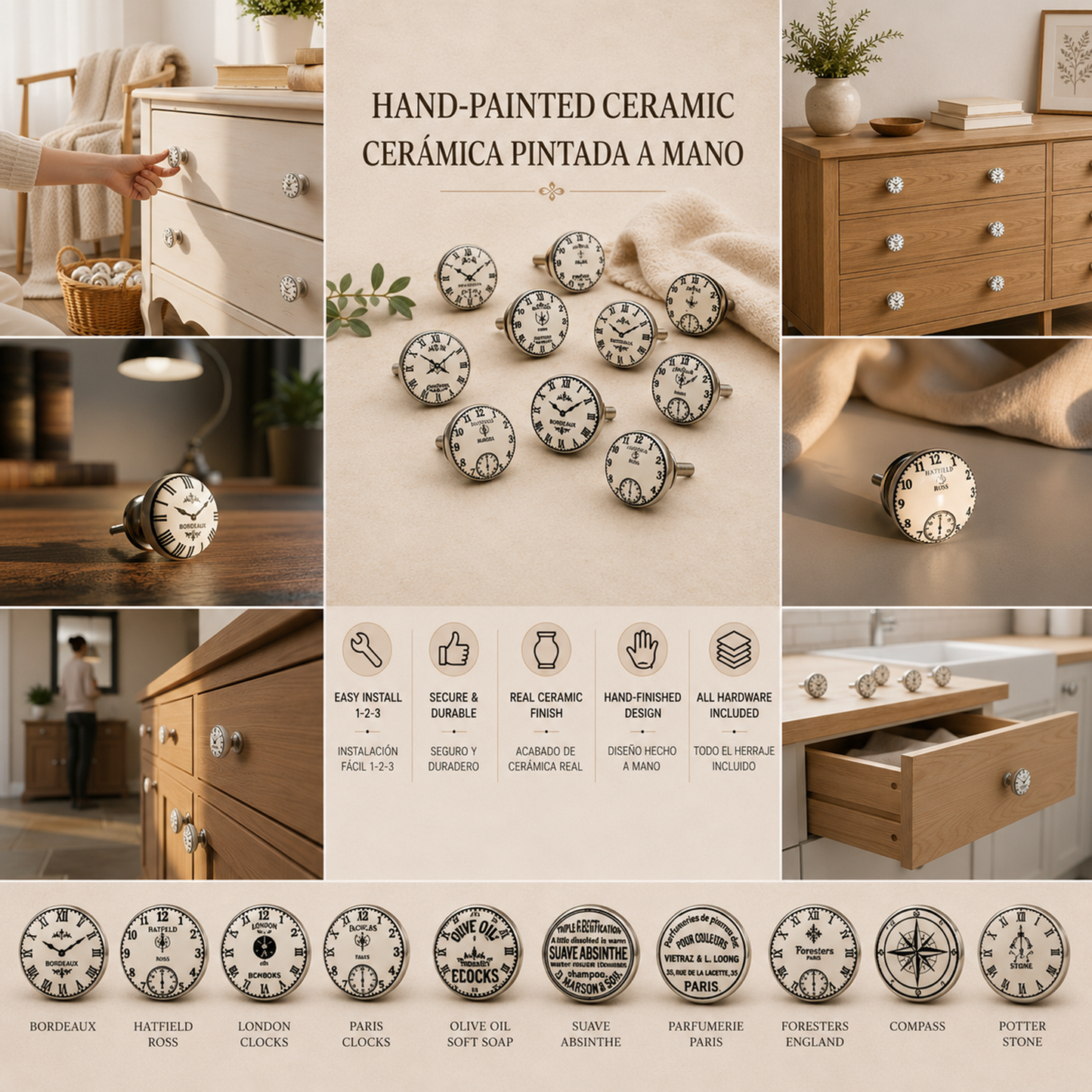 Juego de 10 pomos de cerámica con diseño de relojes en blanco y negro