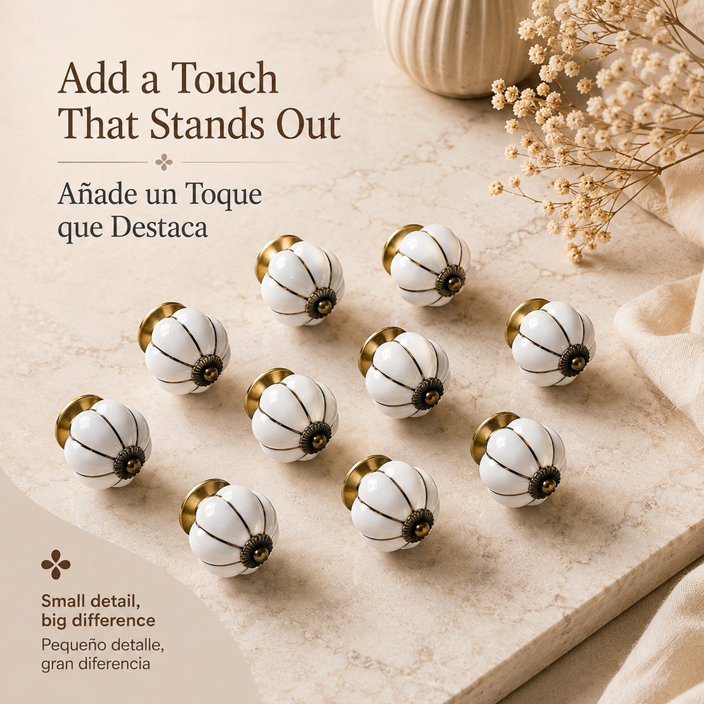 Set de 10 pomos de cerámica en blanco y dorado para muebles y armarios