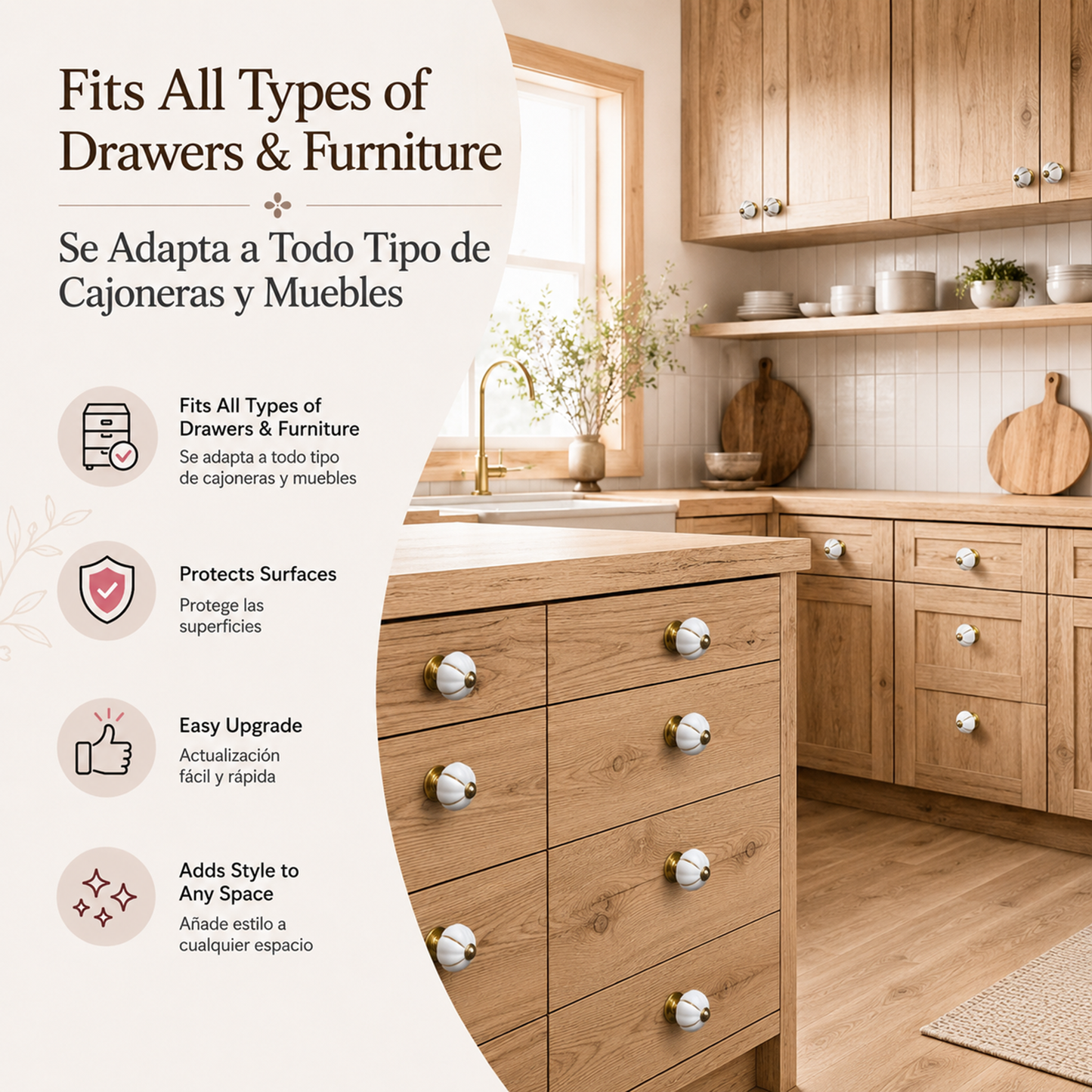 Set de 10 pomos de cerámica en blanco y dorado para muebles y armarios