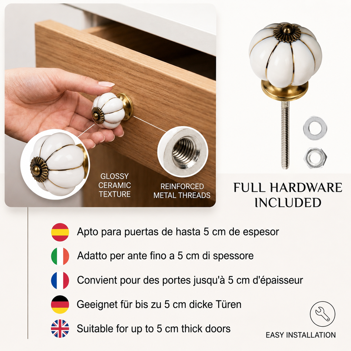 Set de 10 pomos de cerámica en blanco y dorado para muebles y armarios