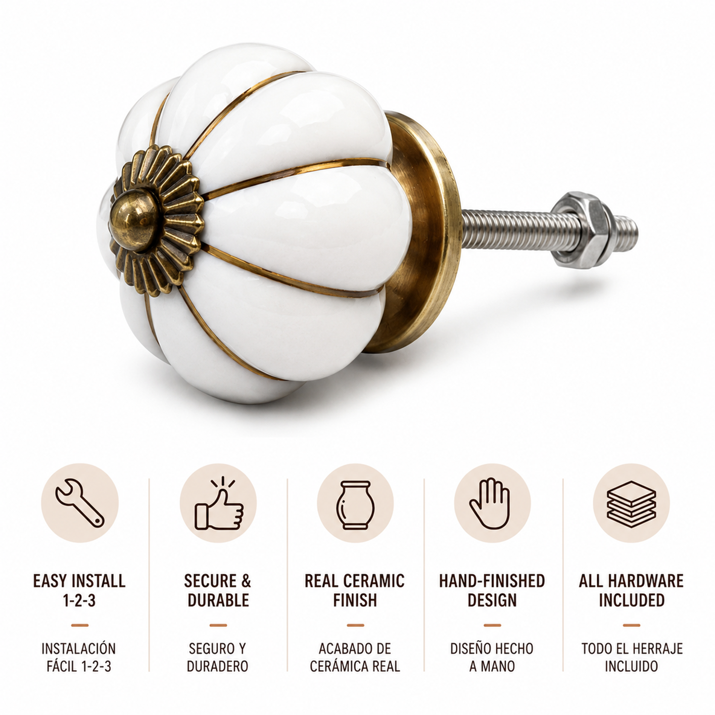 Set de 10 pomos de cerámica en blanco y dorado para muebles y armarios