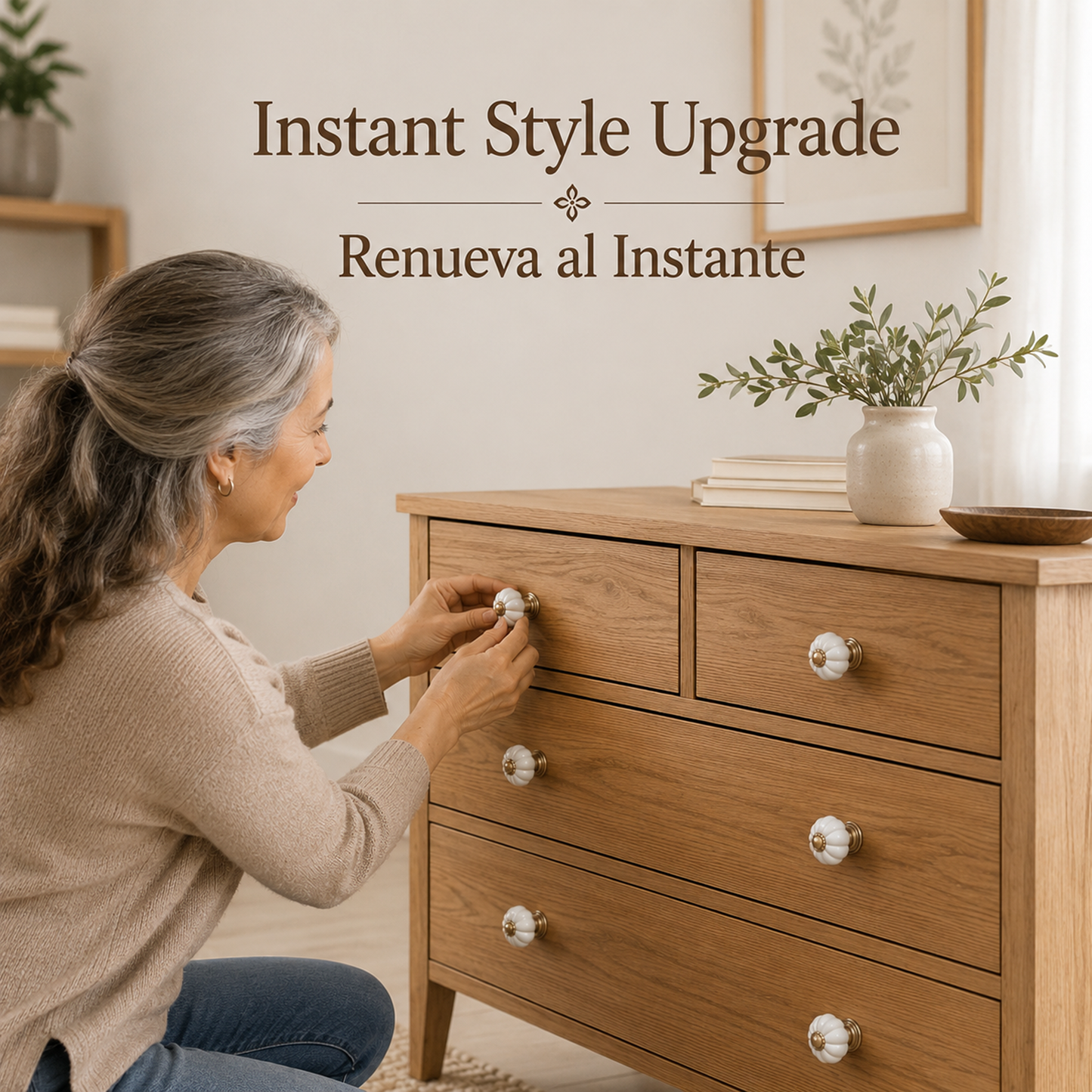 Set de 10 pomos de cerámica en blanco y dorado para muebles y armarios