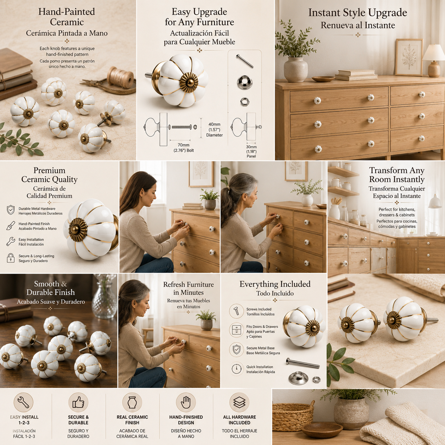 Set de 10 pomos de cerámica en blanco y dorado para muebles y armarios