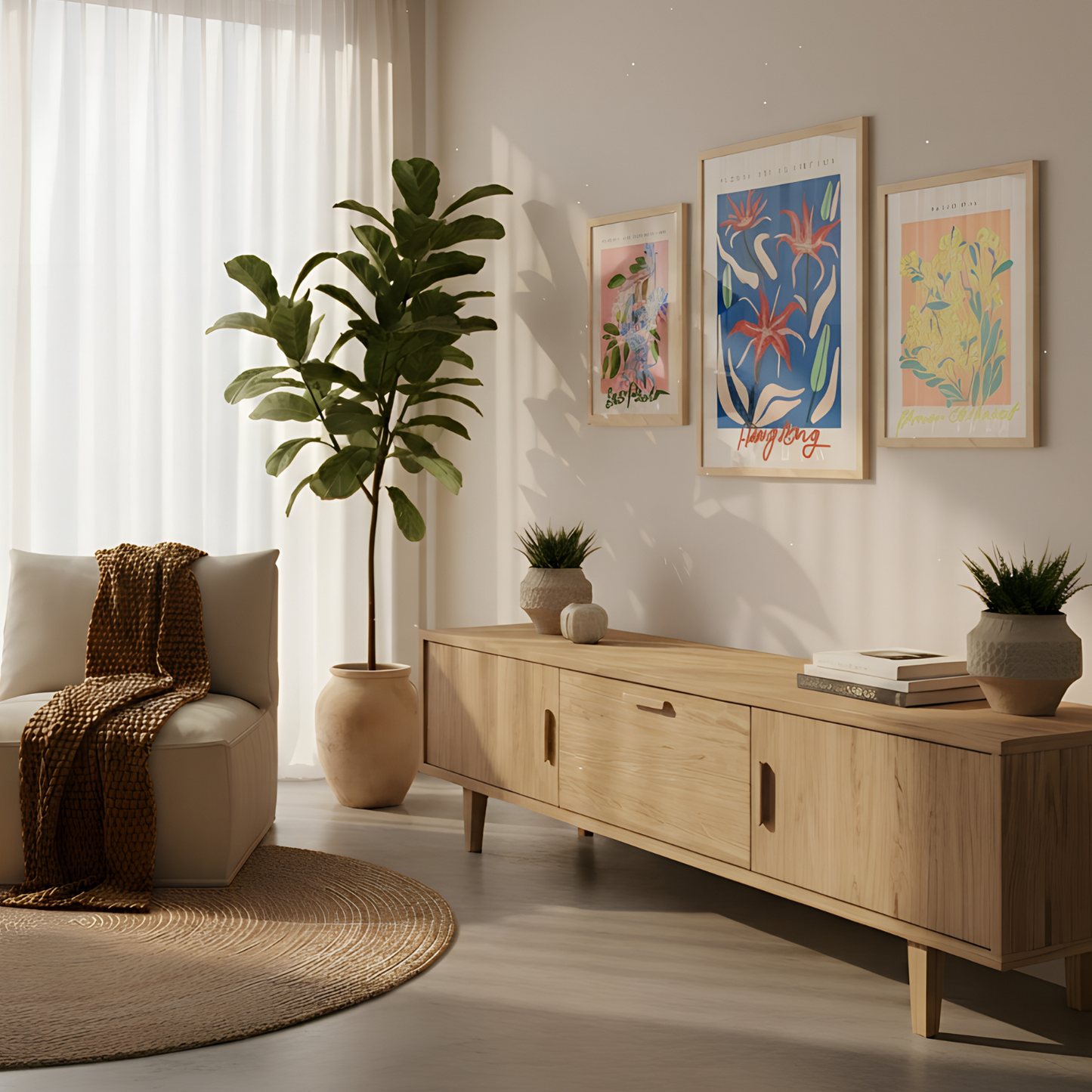 Set de 6 láminas florales con ilustraciones modernas y colores vivos de flores exóticas para salón, dormitorio o estudio contemporáneo – 2 grandes y 4 medianos