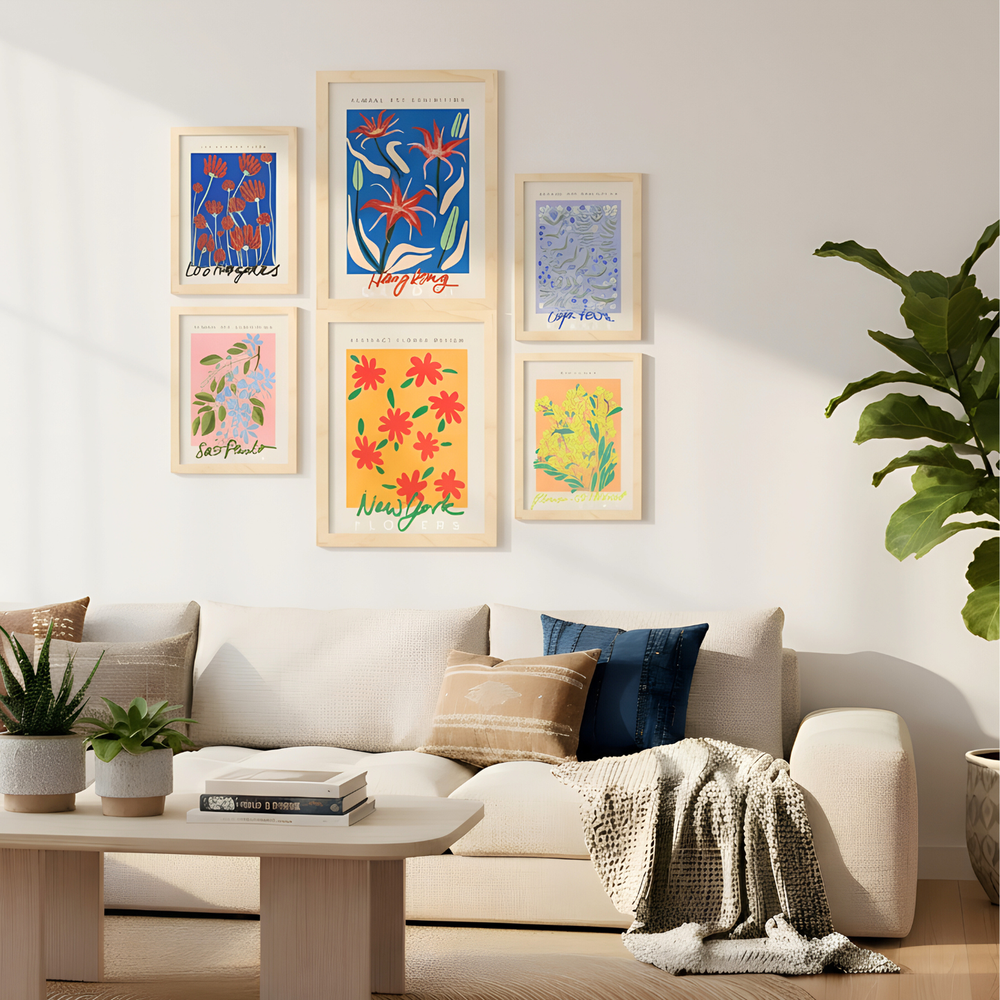 Set de 6 láminas florales con ilustraciones modernas y colores vivos de flores exóticas para salón, dormitorio o estudio contemporáneo – 2 grandes y 4 medianos