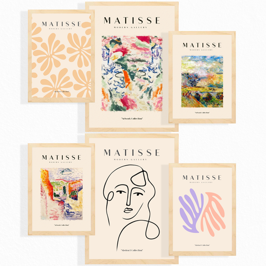 Set de 6 láminas estilo fauvista y abstracto con obras inspiradas en Henri Matisse en tonos pastel y vibrantes para salón moderno o estudio artístico, 2 grandes y 4 medianos