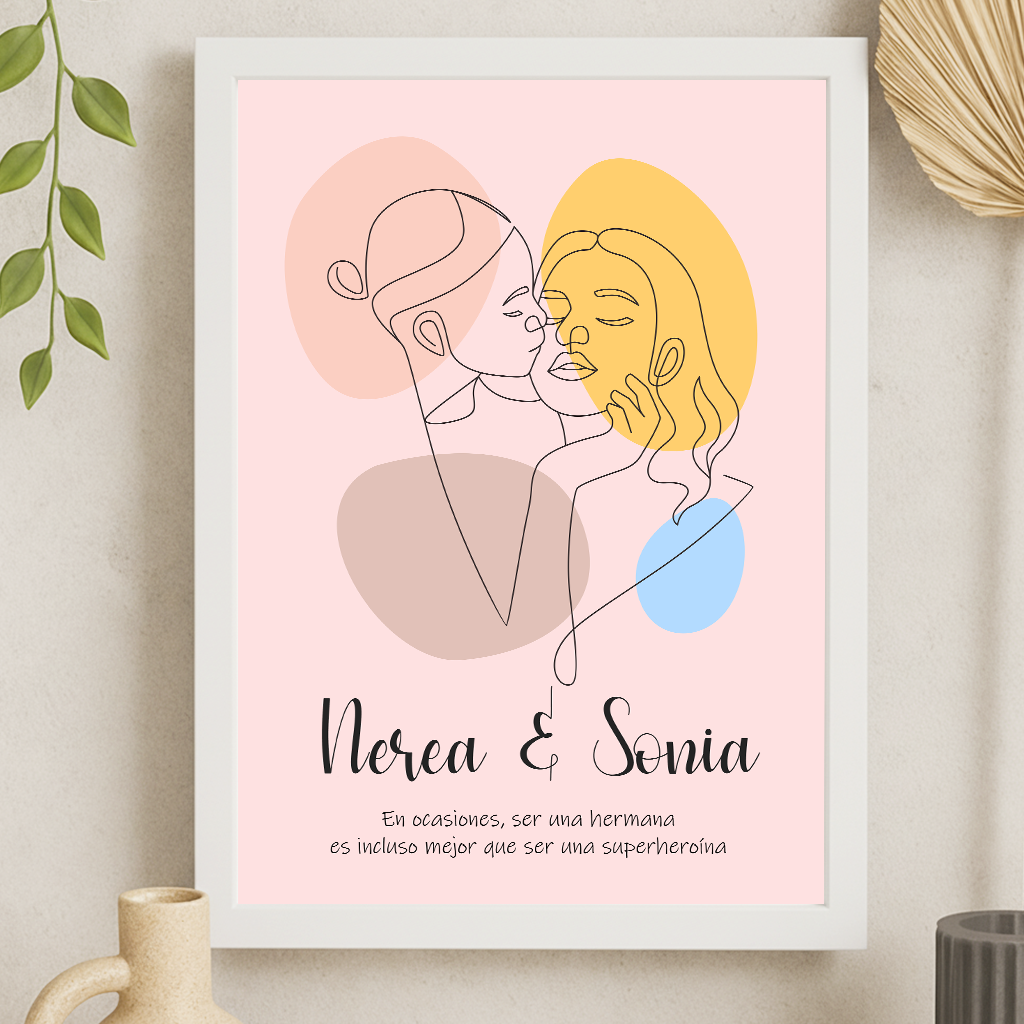 Lámina Personalizada Beso De Hermanas Con Nombre Y Frase Superheroinas Regalo De Diseño Para Momentos Unicos. Ideal Para Eventos. Cumpleaños, Aniversarios, Nacimientos