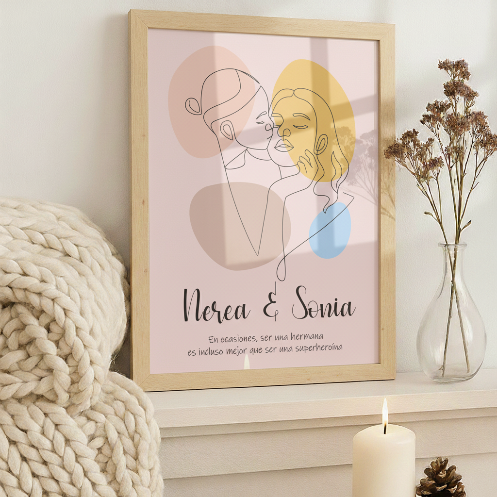 Lámina Personalizada Beso De Hermanas Con Nombre Y Frase Superheroinas Regalo De Diseño Para Momentos Unicos. Ideal Para Eventos. Cumpleaños, Aniversarios, Nacimientos