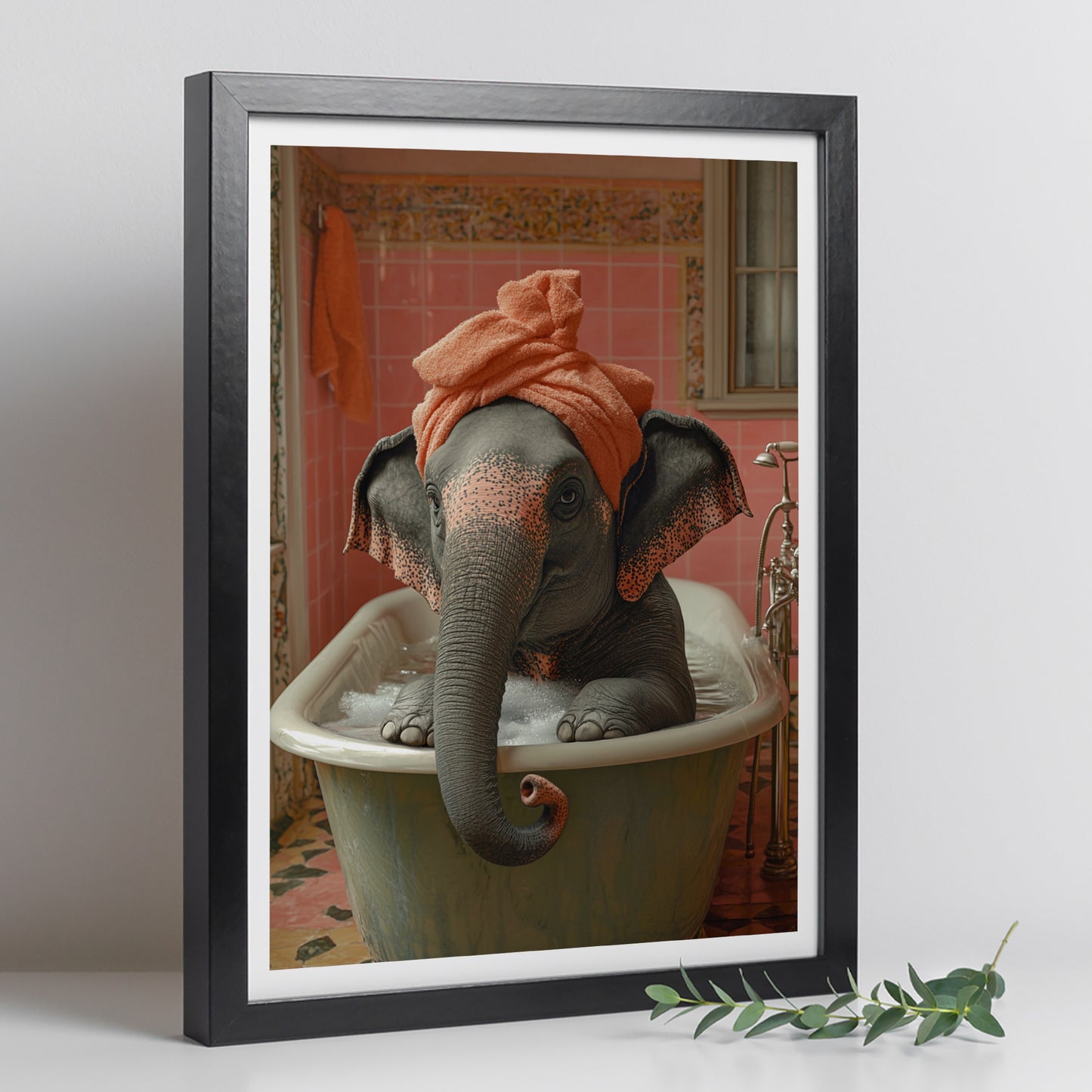 Set de 3 Cuadros de Bebé Elefante Bañandose con Lindos Animales Coloridos, Ilustración para Decorar, Wallart para Inodoro, Ducha, Baño, Aseo, WC