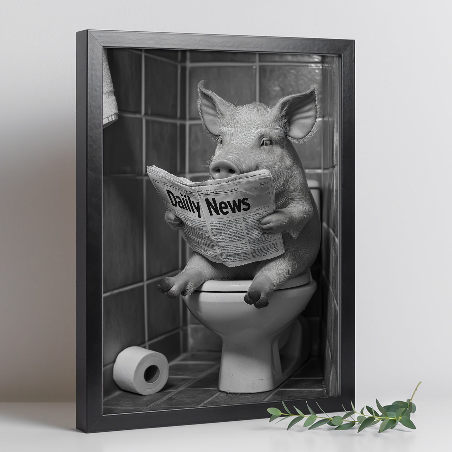 Set de 2 Cuadros de Animales con Periódico en el WC, Perro, Cerdo, Blanco y Negro con Ilustración Impresa en Estilo B/N para Decorar las Paredes del WC, Cuarto de Baño, Aseo, WC