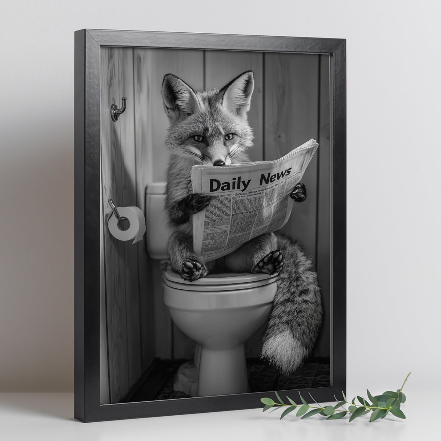 Set de 2 Cuadros de Animales con Periódico En el Inodoro, Toro, Zorro, Blanco y Negro con Ilustración Impresa en Estilo B/N para Decorar las Paredes del Inodoro, Baño, Lavabo, WC