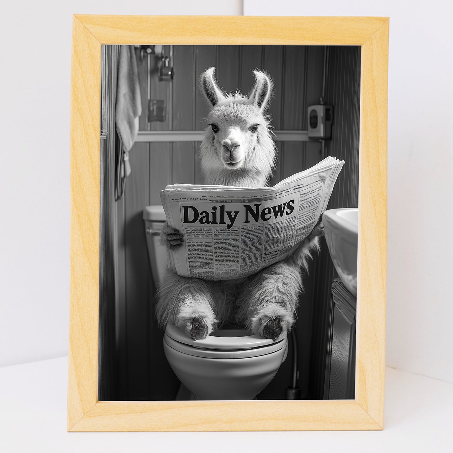Set de 3 Cuadros Animales Leyendo Periódico En El Inodoro, Gato, Perro, Llama, Póster en Blanco y Negro con Ilustración Impresa en Estilo B/N para Decorar las Paredes del Inodoro, Baño, Lavabo, WC