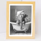 Set de 2 Cuadros Elefante en la Bañera con Simpáticos Animales en Blanco y Negro Ilustración impresa para decorar las paredes del Inodoro, Ducha, Cuarto de baño, Aseo, WC