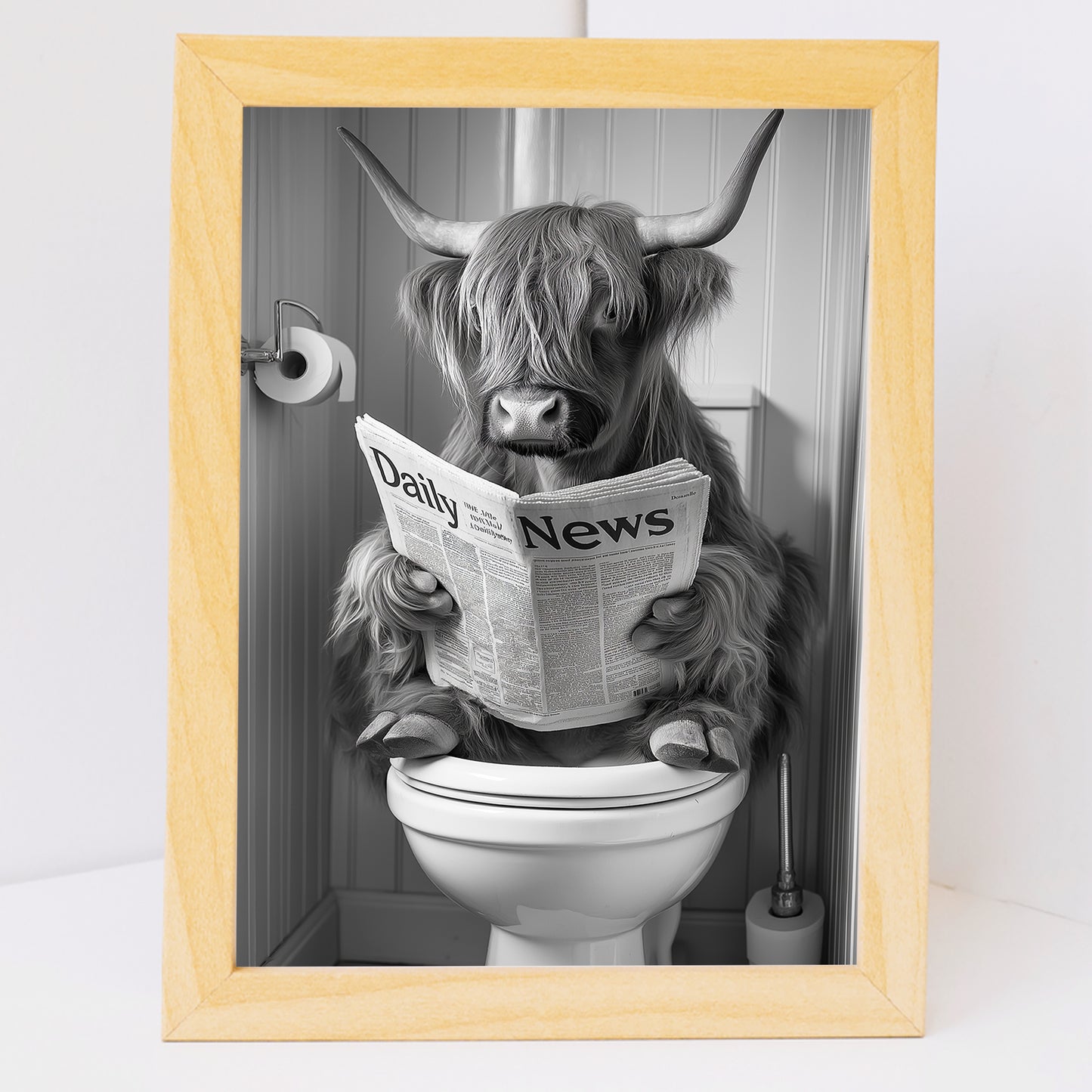 Set de 2 Cuadros de Animales con Periódico En el Inodoro, Toro, Zorro, Blanco y Negro con Ilustración Impresa en Estilo B/N para Decorar las Paredes del Inodoro, Baño, Lavabo, WC