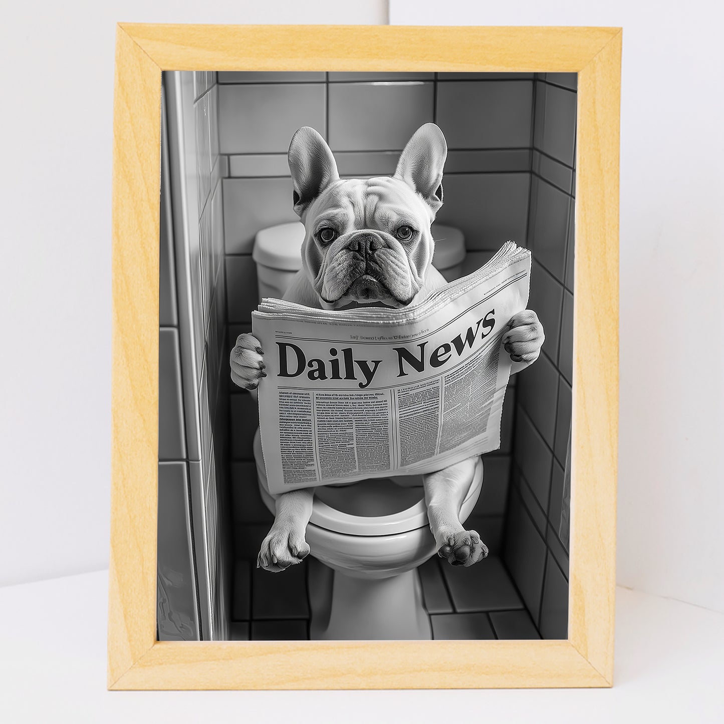 Set de 2 Cuadros de Animales con Periódico en el WC, Perro, Cerdo, Blanco y Negro con Ilustración Impresa en Estilo B/N para Decorar las Paredes del WC, Cuarto de Baño, Aseo, WC