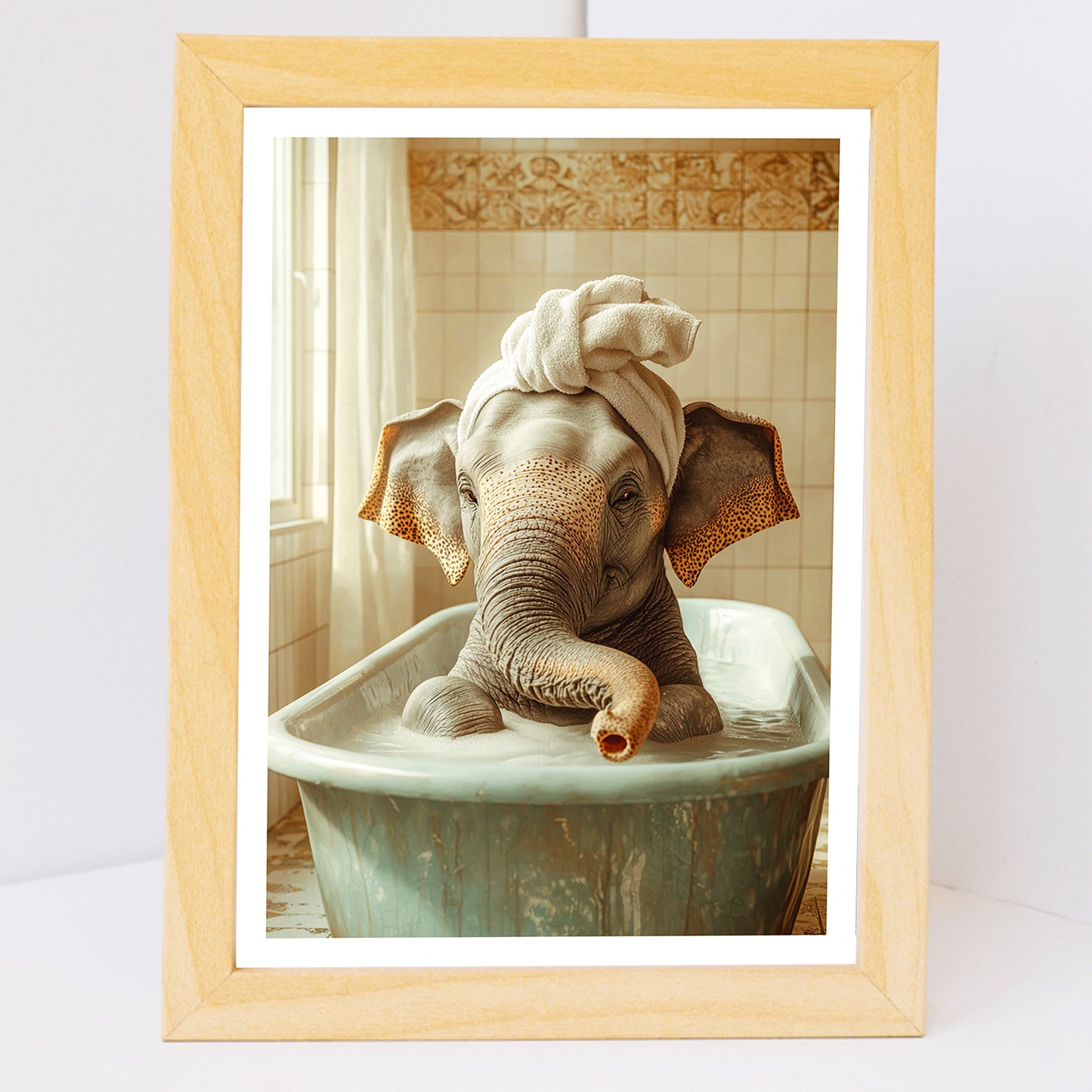 Set de 3 Cuadros de Bebé Elefante Bañandose con Lindos Animales Coloridos, Ilustración para Decorar, Wallart para Inodoro, Ducha, Baño, Aseo, WC