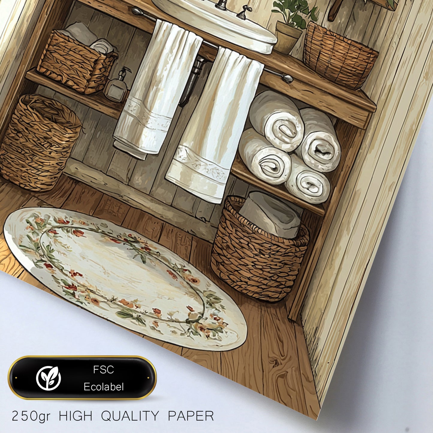 Set de 2 Cuadros de Baño Rústicos con Ilustración Impresa en Estilo Pintura al Óleo Vintage para Decorar, Arte de Pared para Inodoro, Ducha, Baño, WC de Casa de Granja