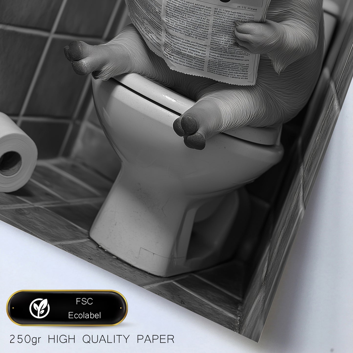 Set de 2 Cuadros de Animales con Periódico en el WC, Perro, Cerdo, Blanco y Negro con Ilustración Impresa en Estilo B/N para Decorar las Paredes del WC, Cuarto de Baño, Aseo, WC
