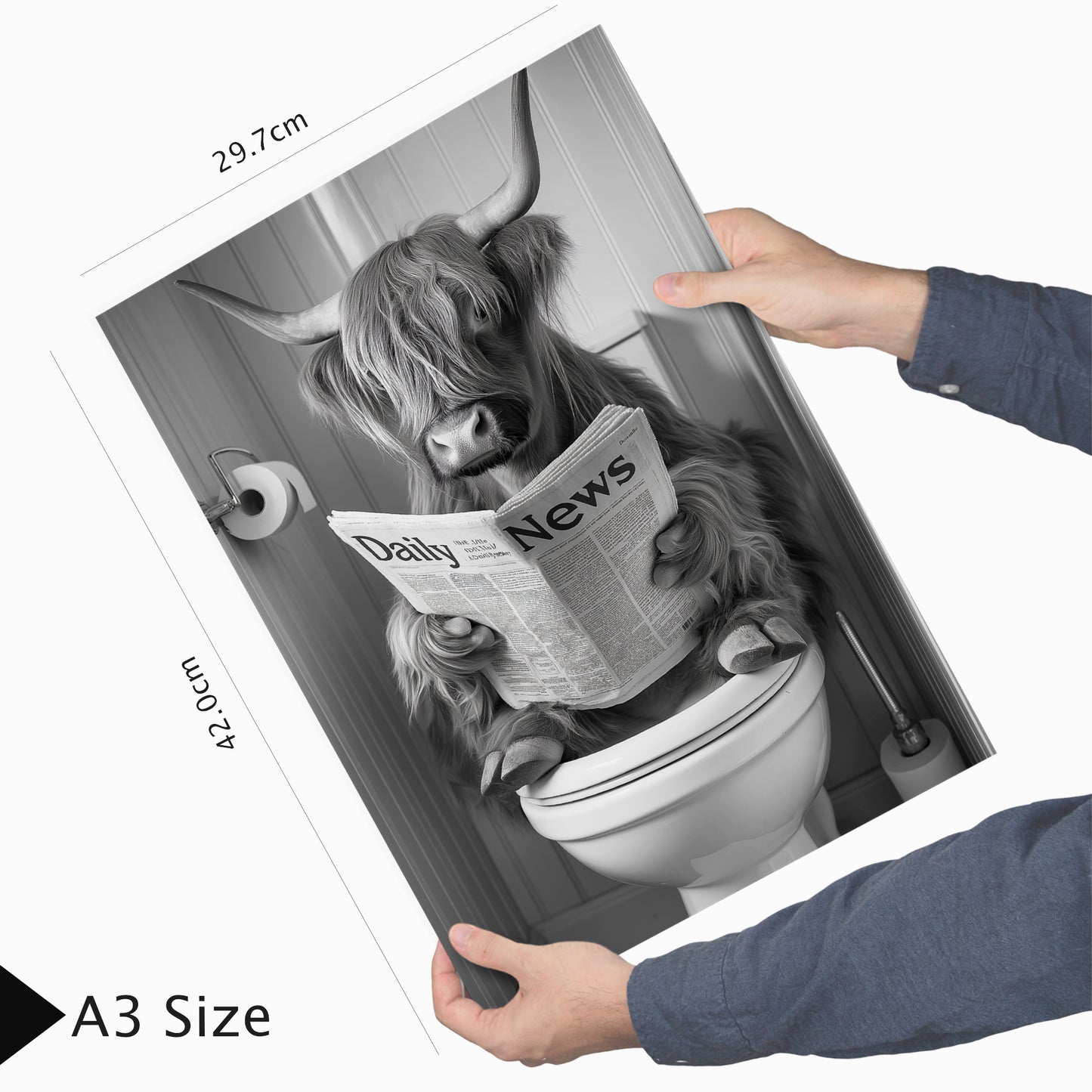 Set de 2 Cuadros de Animales con Periódico En el Inodoro, Toro, Zorro, Blanco y Negro con Ilustración Impresa en Estilo B/N para Decorar las Paredes del Inodoro, Baño, Lavabo, WC